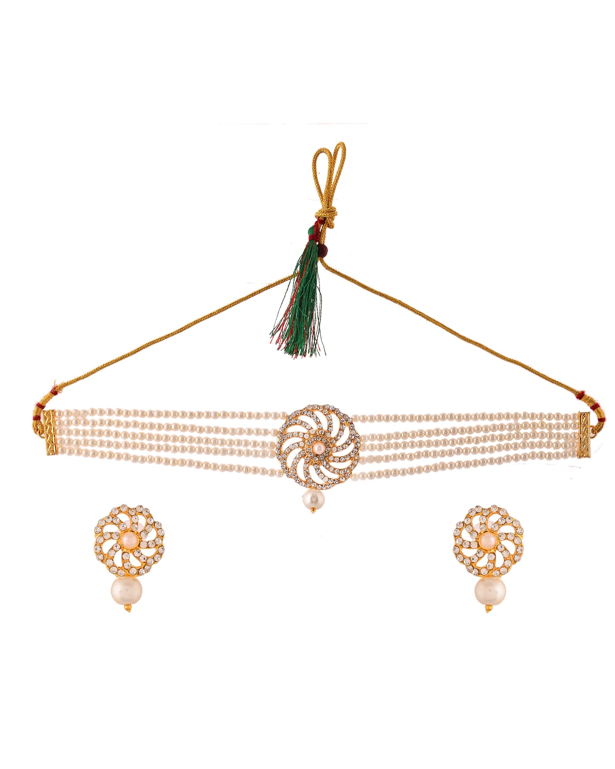 VOJ Gold Polished Stone And Pearl Studded Traditional Chokar Set | Grocsy