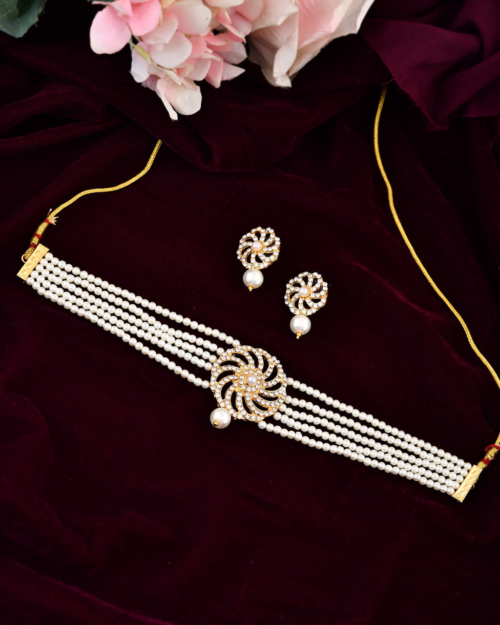 VOJ Gold Polished Stone And Pearl Studded Traditional Chokar Set | Grocsy