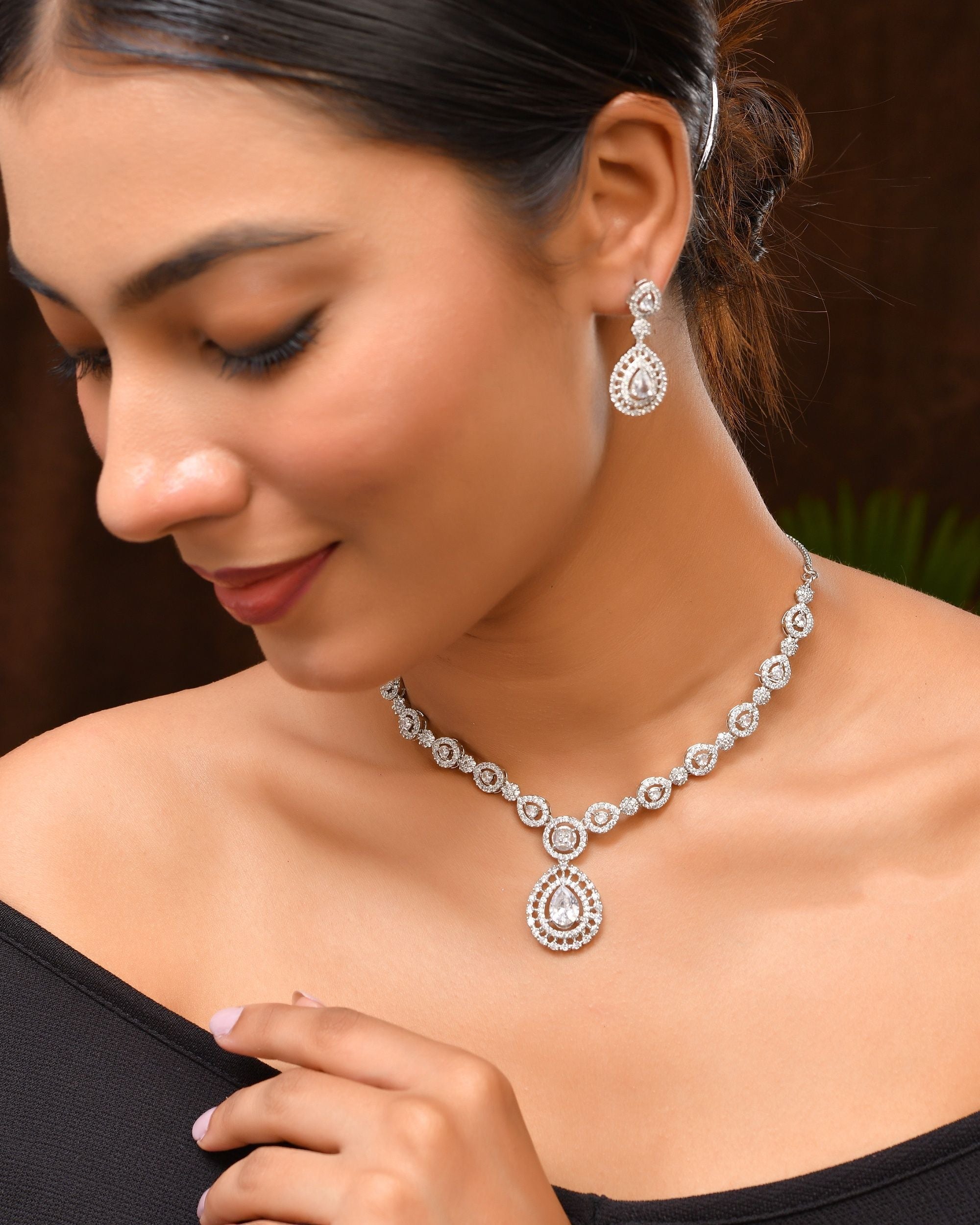 VOJ Silver Plated AD Stone Studded Elegant Necklace And Earrings Set | Grocsy