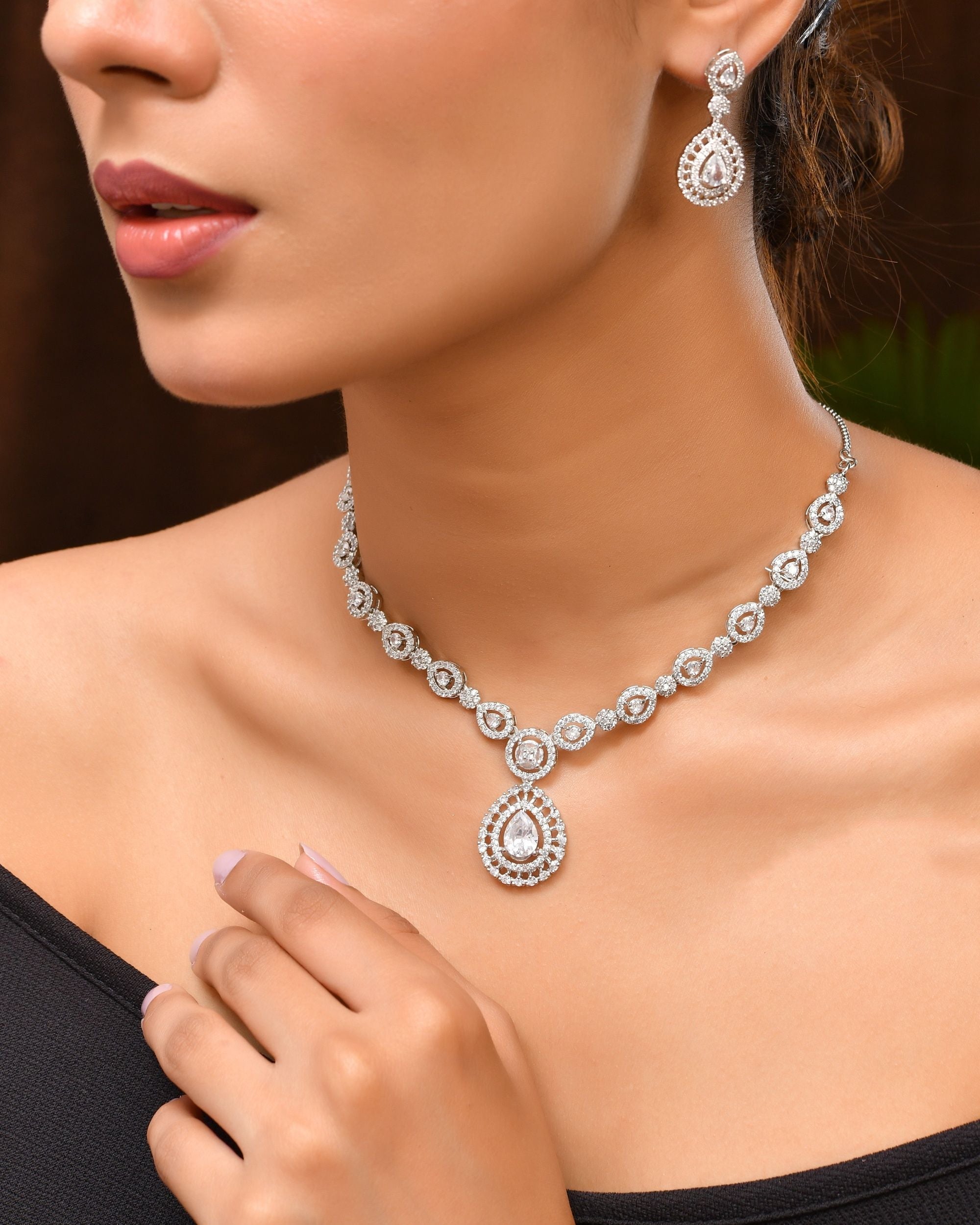 VOJ Silver Plated AD Stone Studded Elegant Necklace And Earrings Set | Grocsy