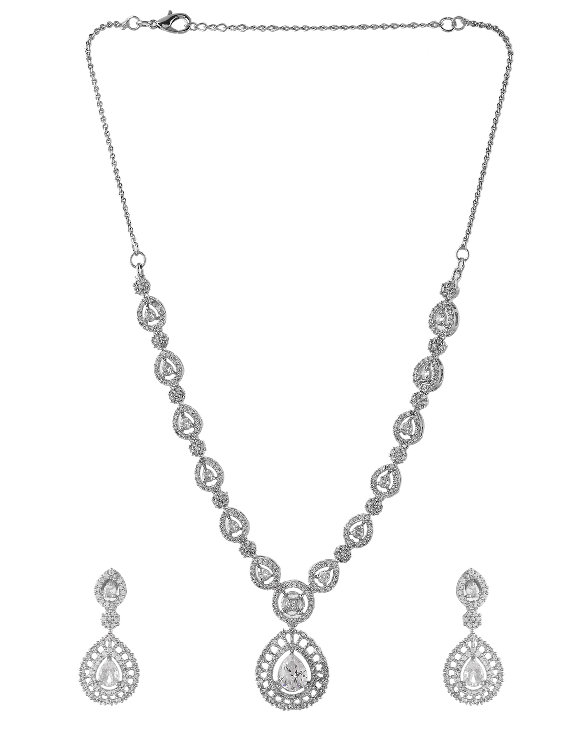 VOJ Silver Plated AD Stone Studded Elegant Necklace And Earrings Set | Grocsy