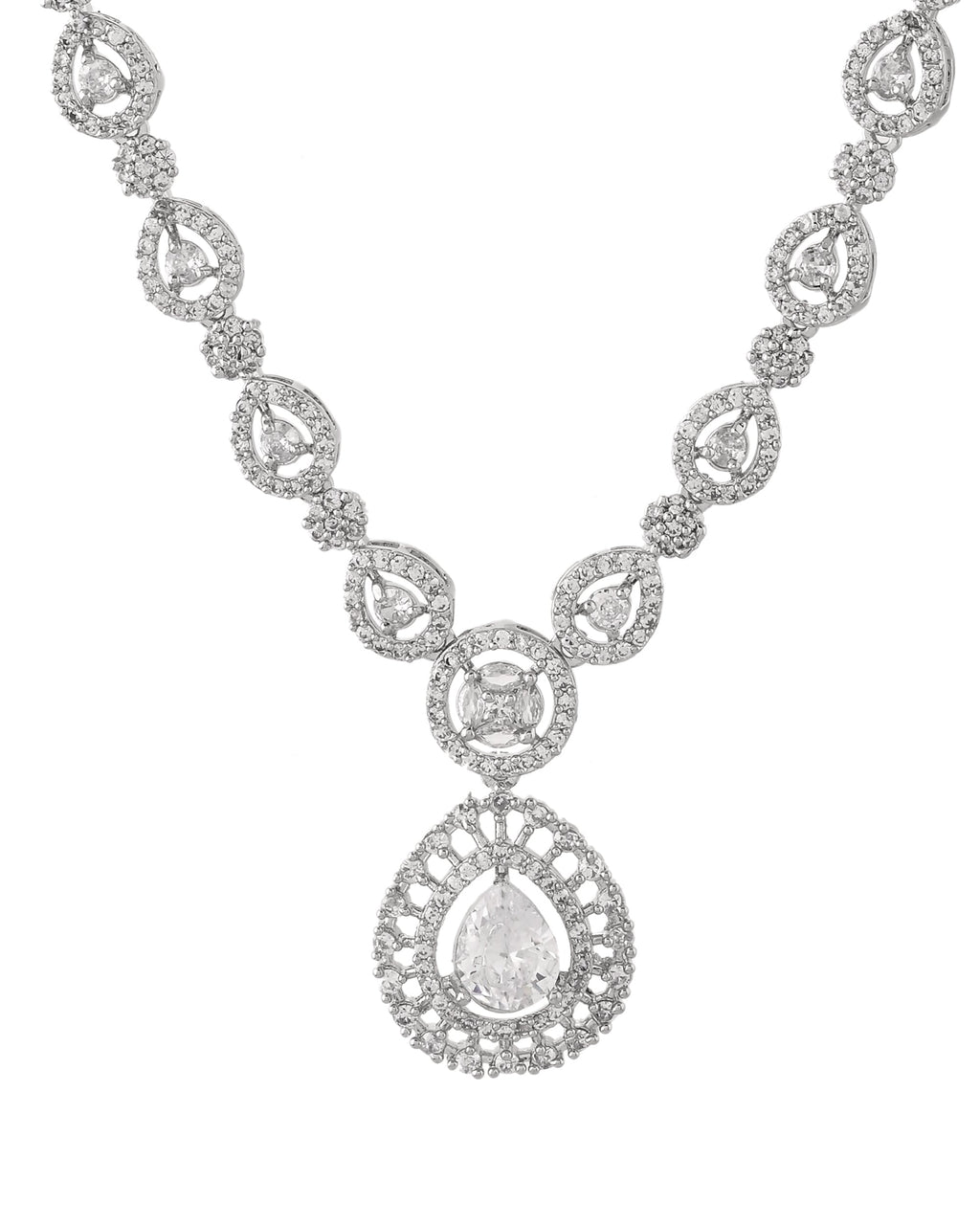 VOJ Silver Plated AD Stone Studded Elegant Necklace And Earrings Set | Grocsy