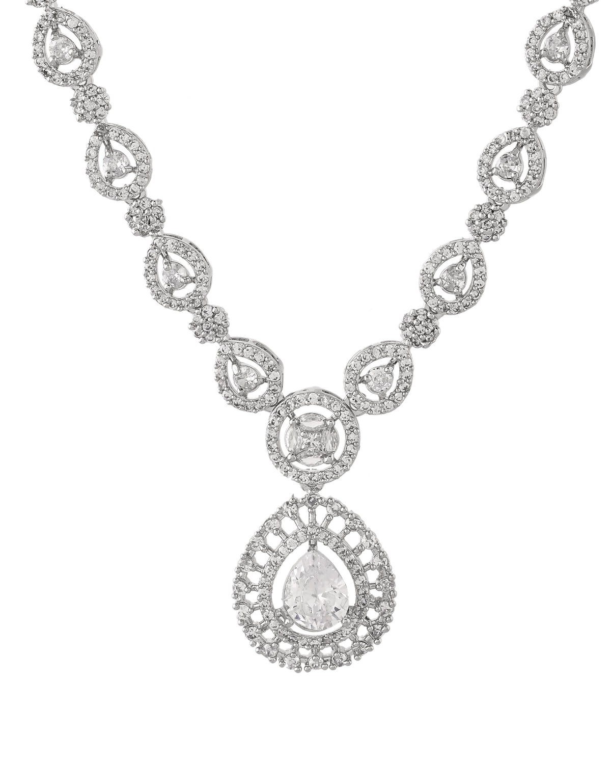 VOJ Silver Plated AD Stone Studded Elegant Necklace And Earrings Set | Grocsy