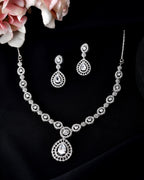 VOJ Silver Plated AD Stone Studded Elegant Necklace And Earrings Set | Grocsy
