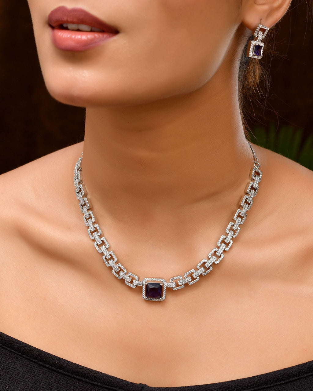 VOJ Silver Plated Geometric Shaped CZ Stone Studded Jewellery Set | Grocsy