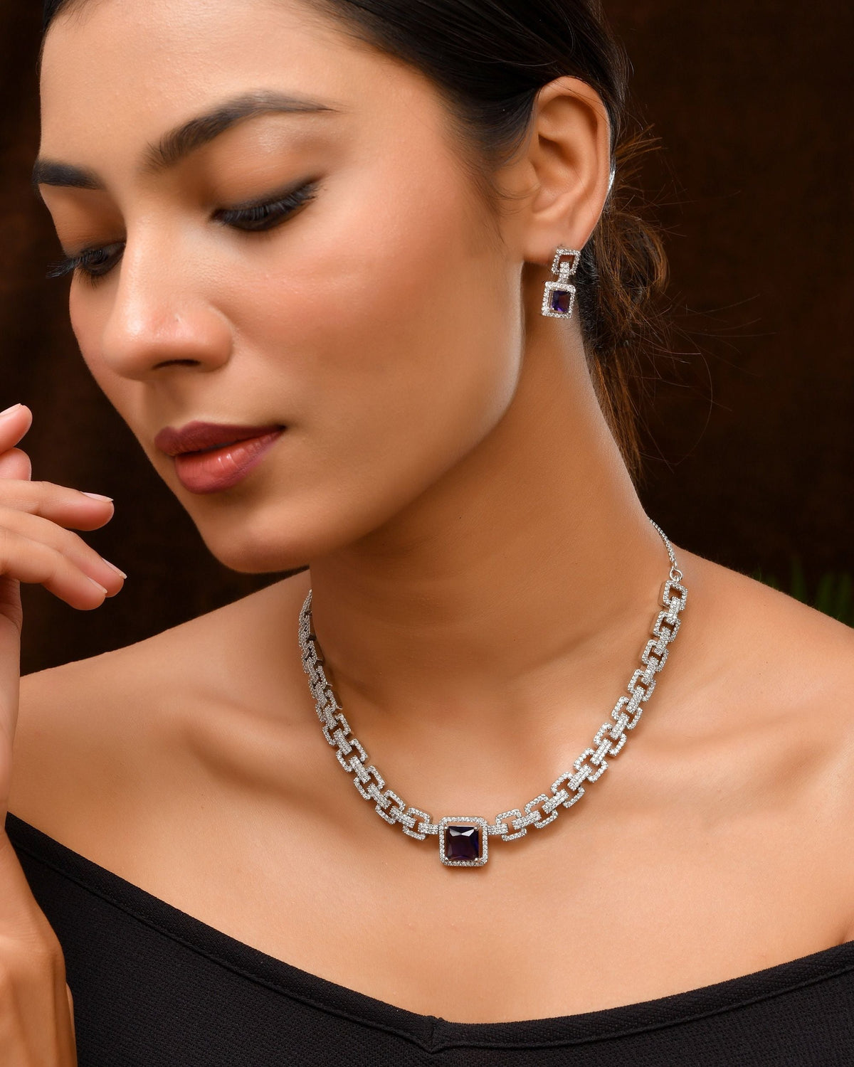 VOJ Silver Plated Geometric Shaped CZ Stone Studded Jewellery Set | Grocsy