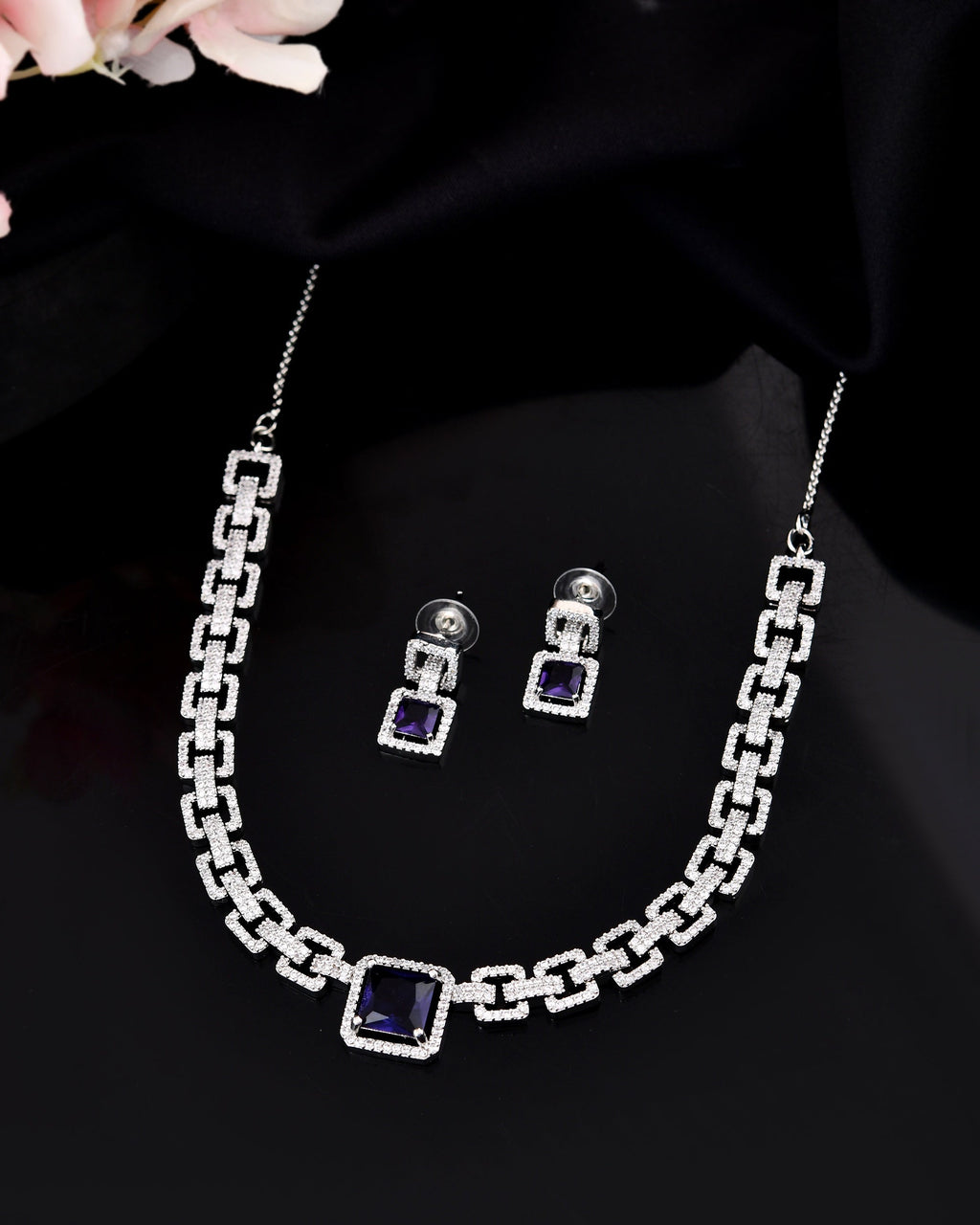 VOJ Silver Plated Geometric Shaped CZ Stone Studded Jewellery Set | Grocsy