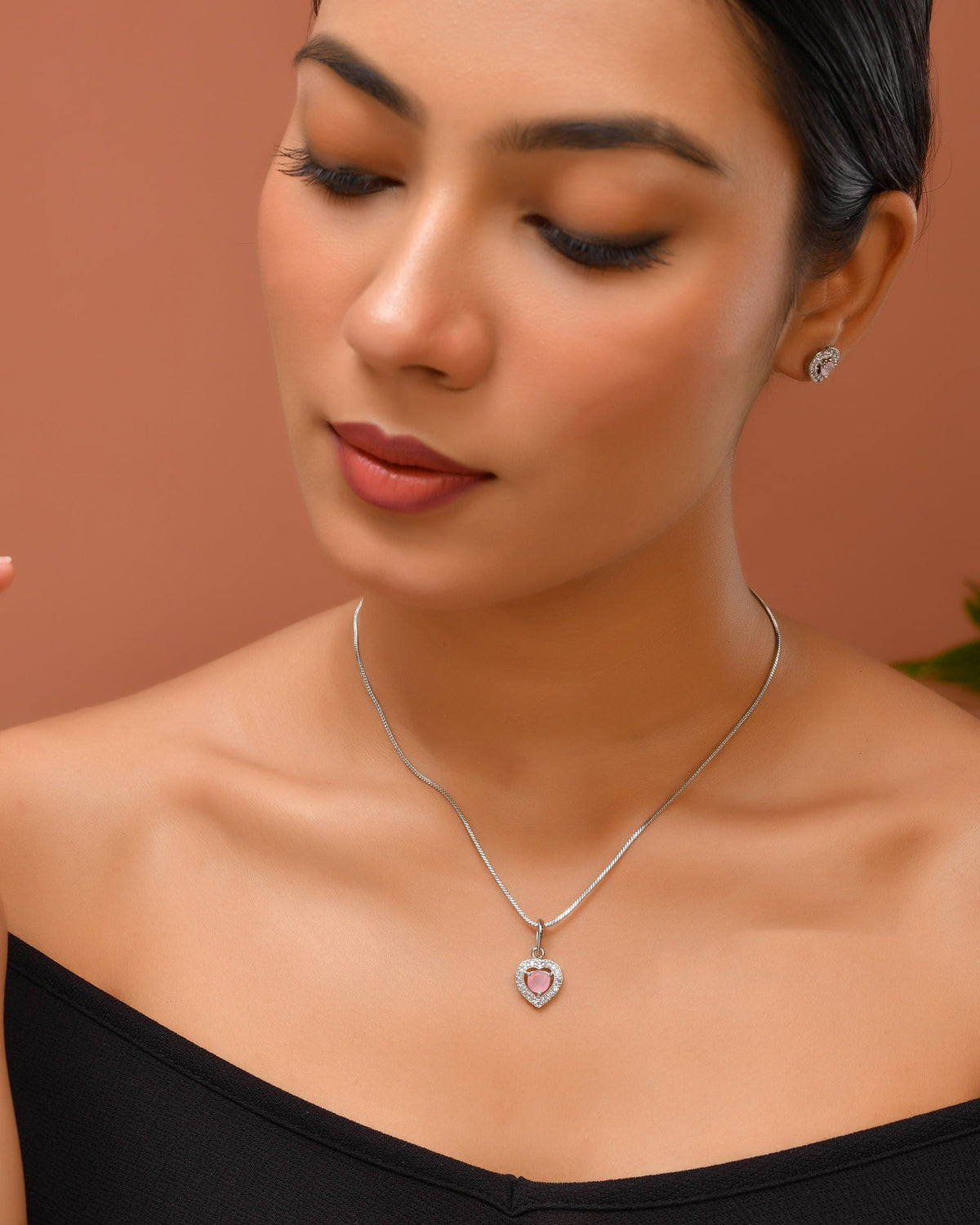 VOJ Silver Plated Baby Pink Stone Studded Heart Shaped Chain Set | Grocsy