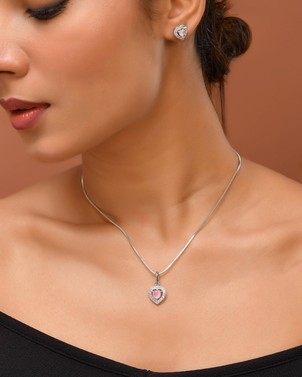 VOJ Silver Plated Baby Pink Stone Studded Heart Shaped Chain Set | Grocsy