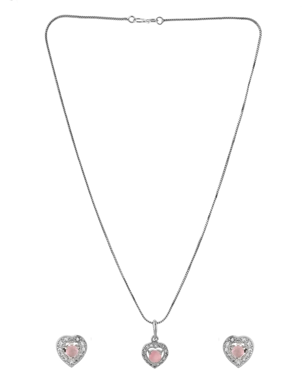 VOJ Silver Plated Baby Pink Stone Studded Heart Shaped Chain Set | Grocsy
