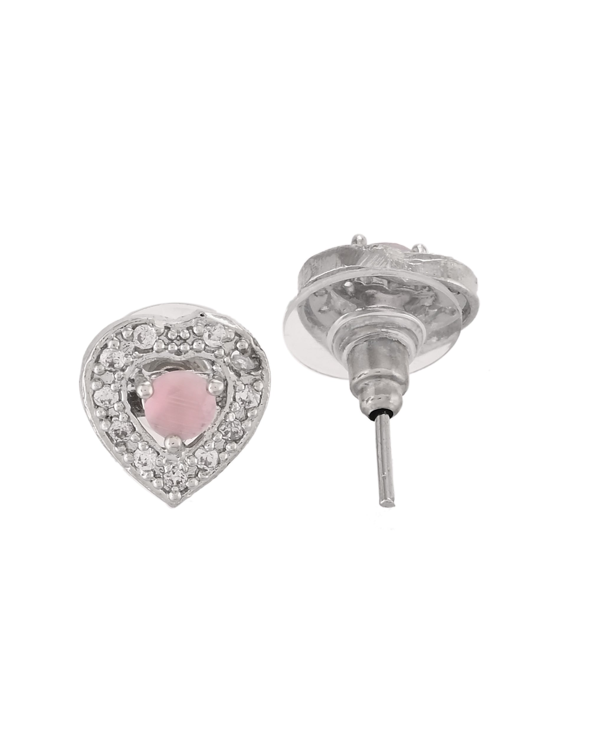 VOJ Silver Plated Baby Pink Stone Studded Heart Shaped Chain Set | Grocsy