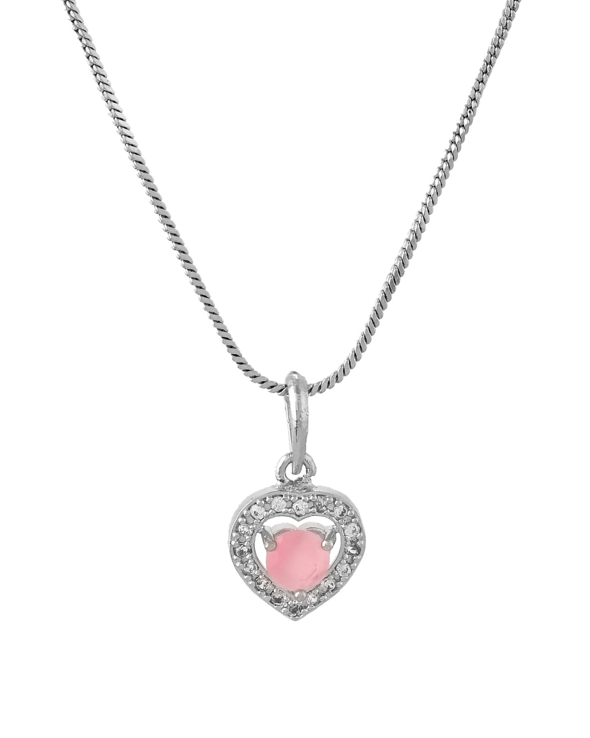 VOJ Silver Plated Baby Pink Stone Studded Heart Shaped Chain Set | Grocsy