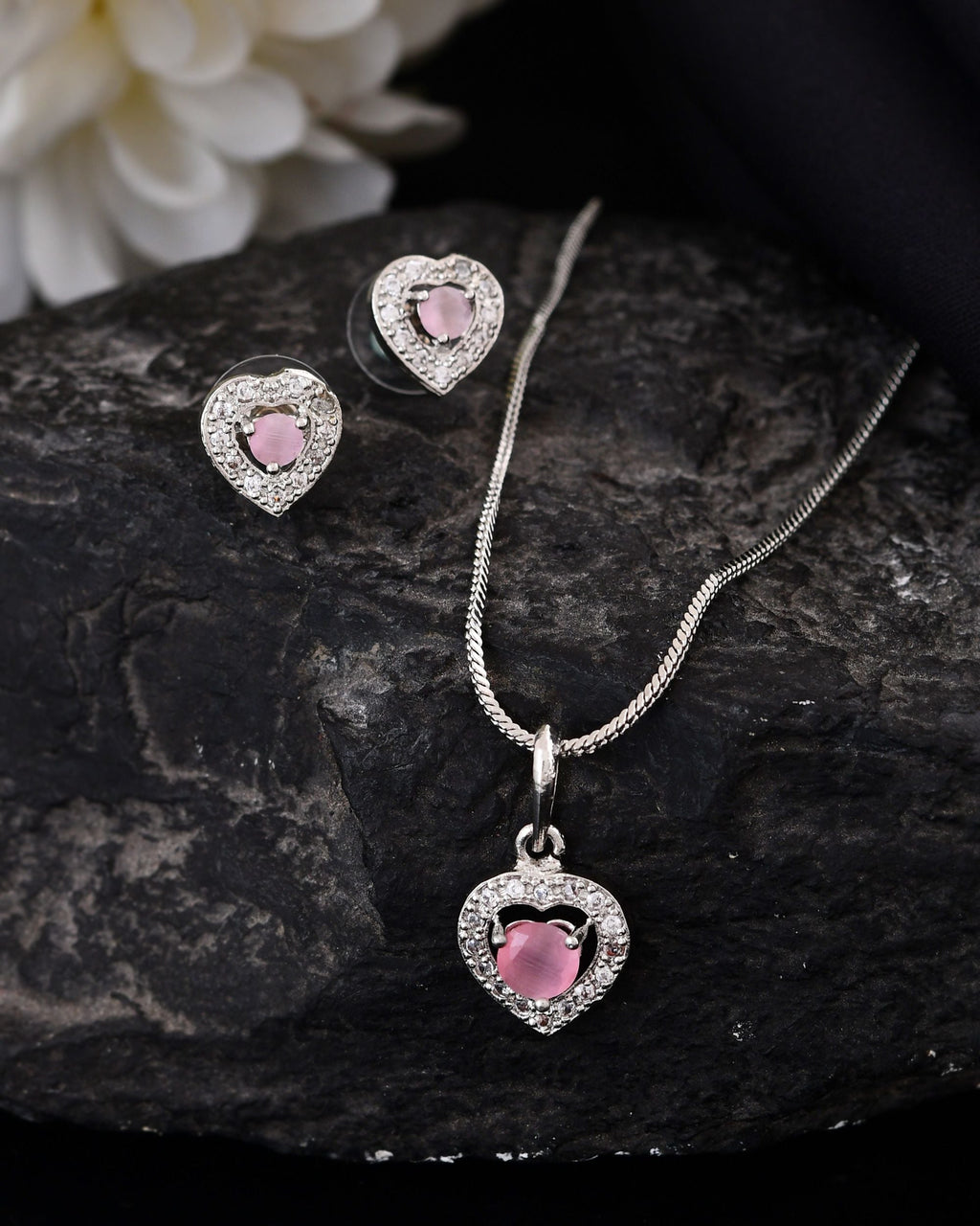 VOJ Silver Plated Baby Pink Stone Studded Heart Shaped Chain Set | Grocsy