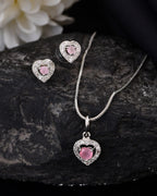 VOJ Silver Plated Baby Pink Stone Studded Heart Shaped Chain Set | Grocsy