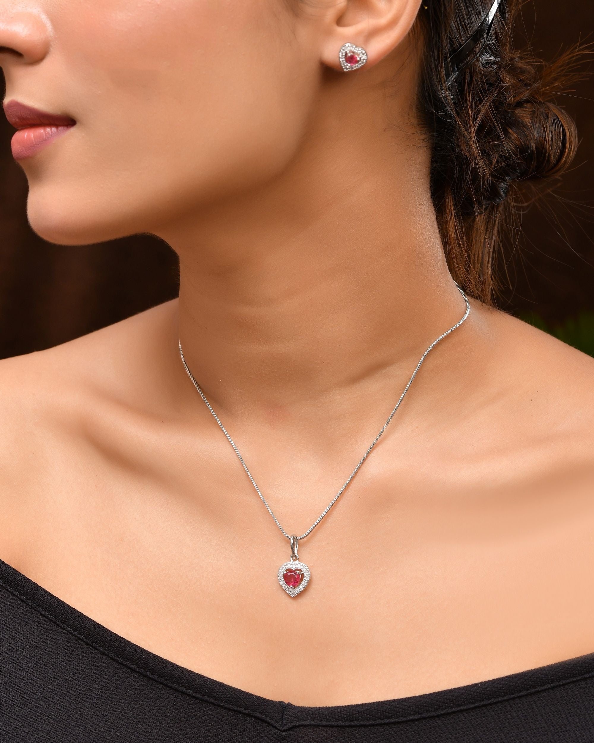 VOJ Silver Plated Pink Stone Studded Heart Shaped Chain Set | Grocsy