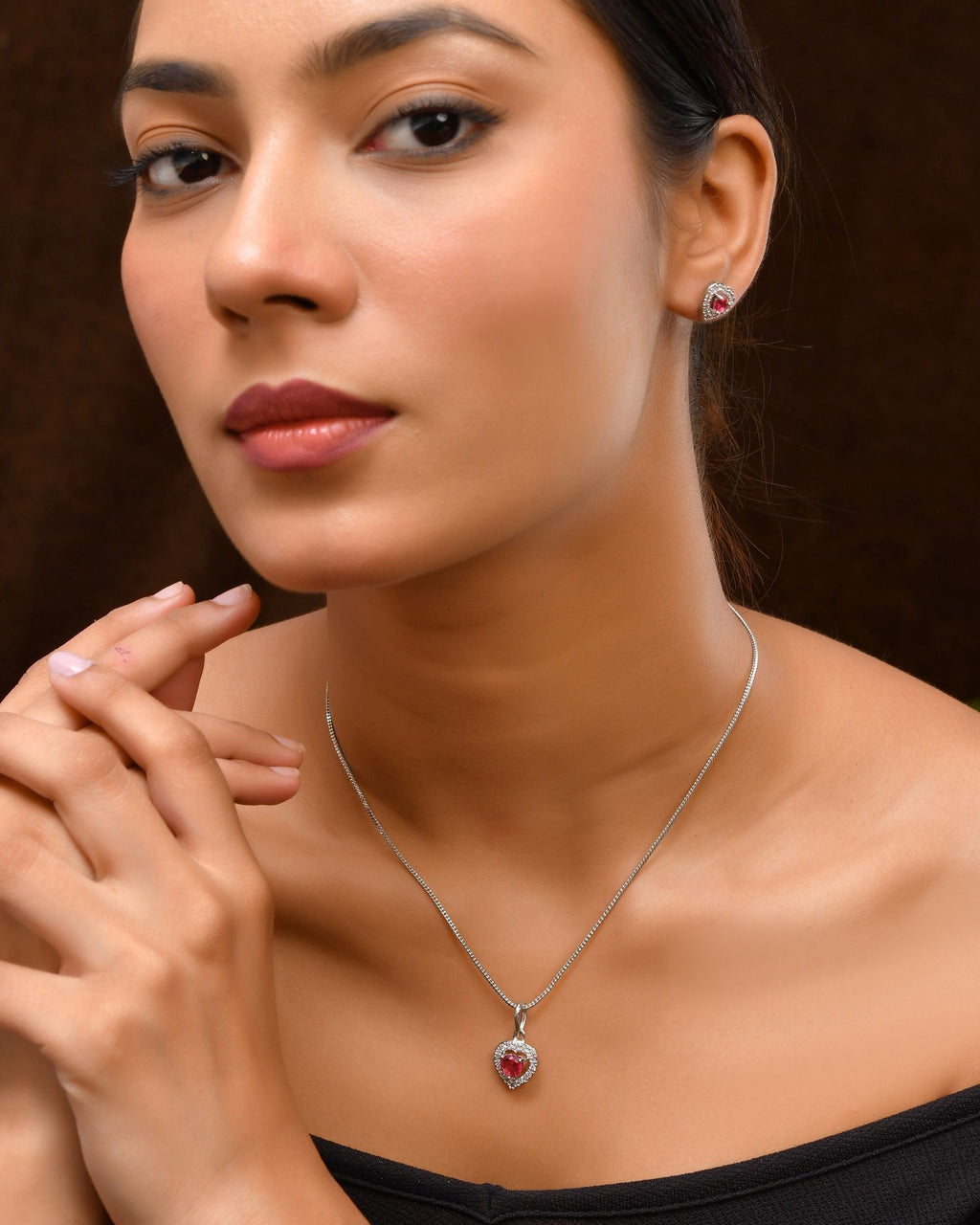 VOJ Silver Plated Pink Stone Studded Heart Shaped Chain Set | Grocsy