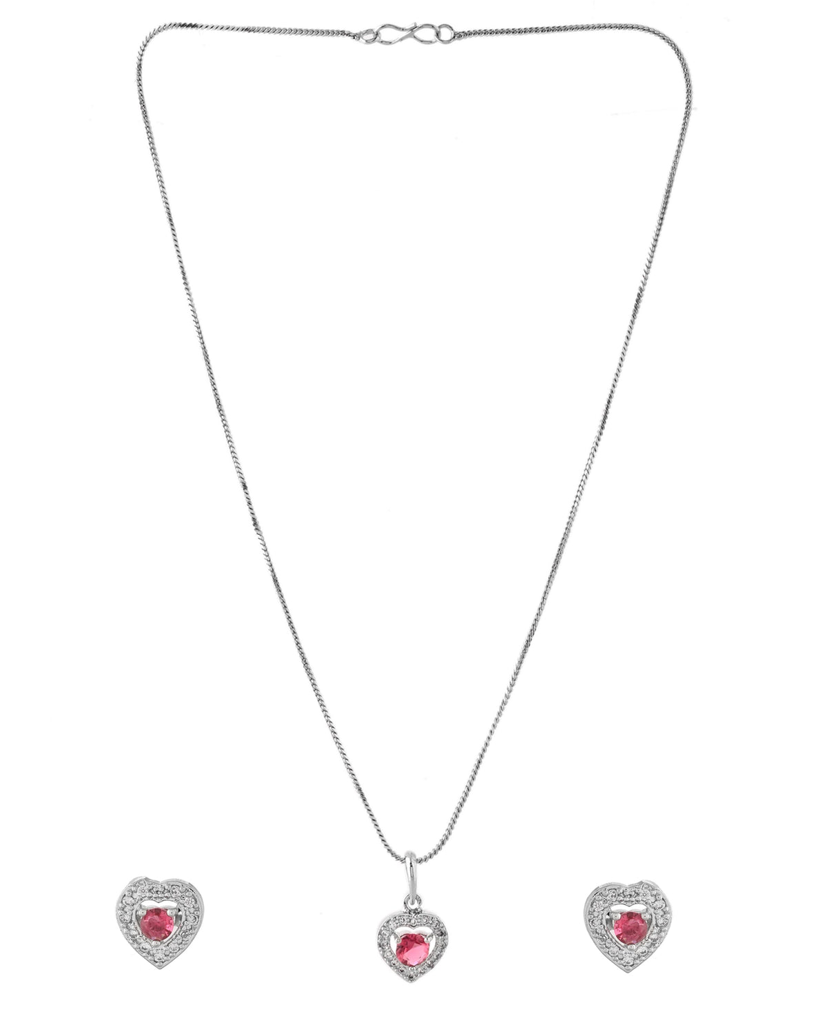 VOJ Silver Plated Pink Stone Studded Heart Shaped Chain Set | Grocsy