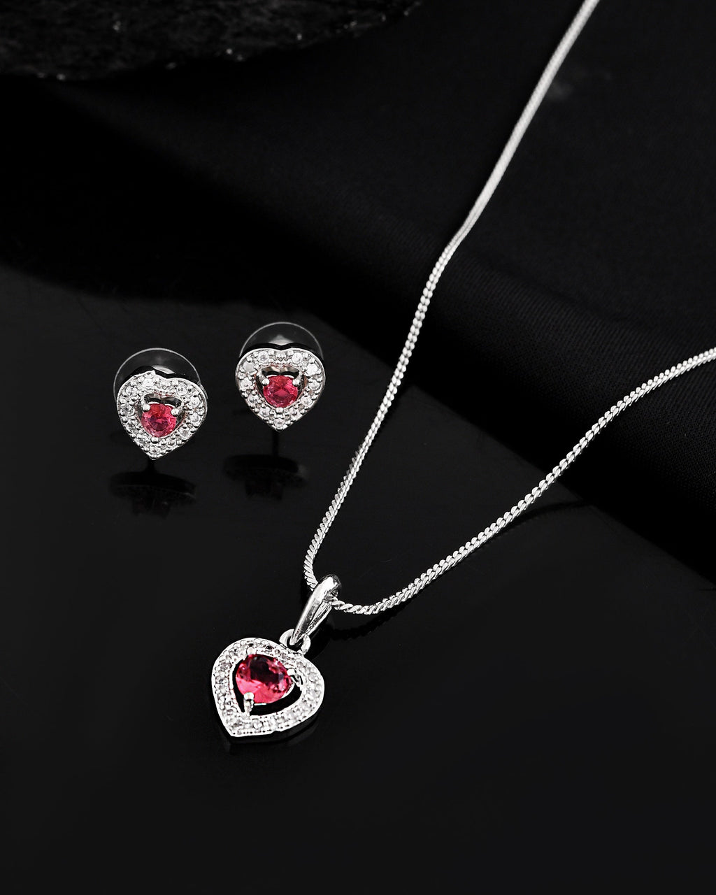 VOJ Silver Plated Pink Stone Studded Heart Shaped Chain Set | Grocsy
