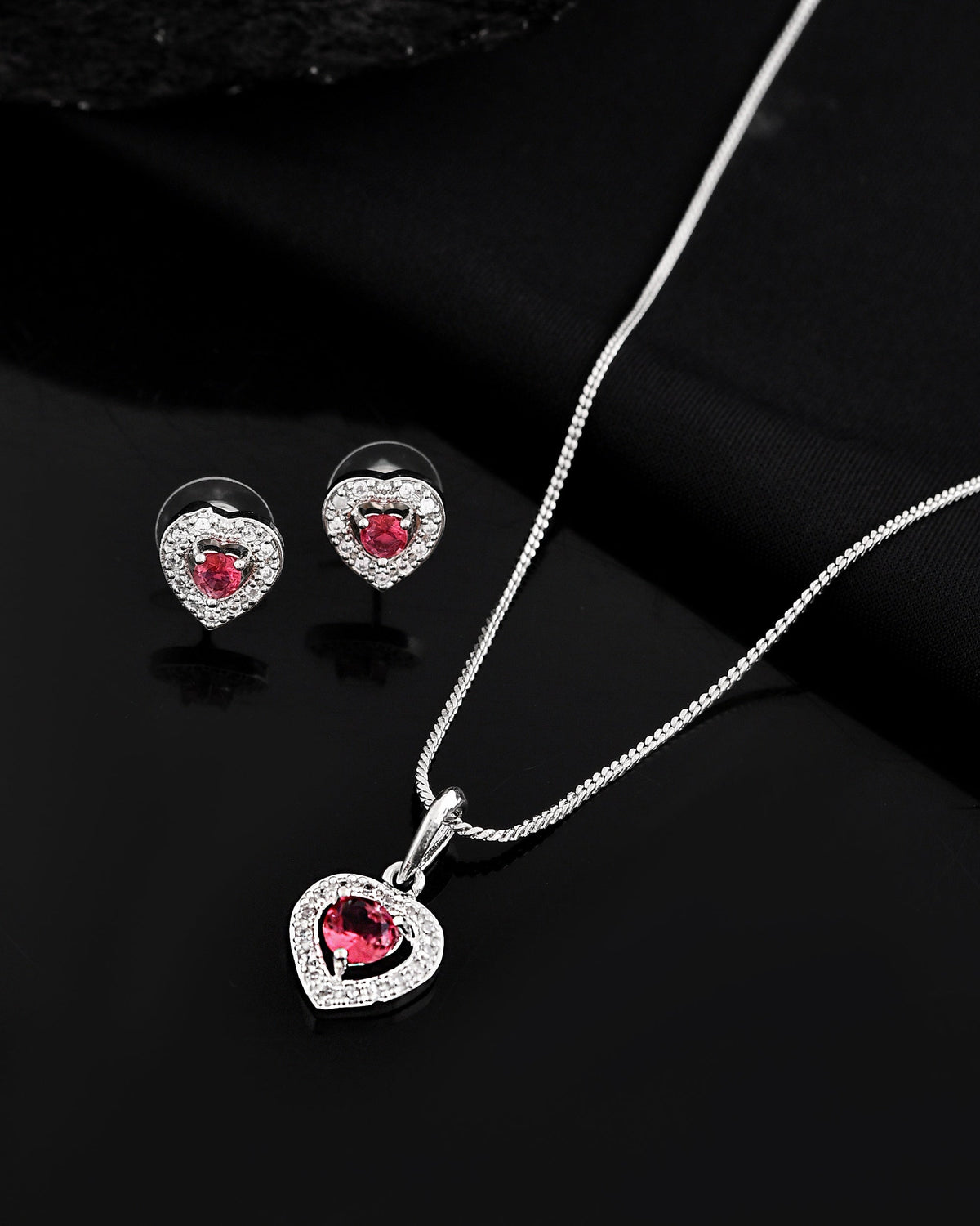 VOJ Silver Plated Pink Stone Studded Heart Shaped Chain Set | Grocsy