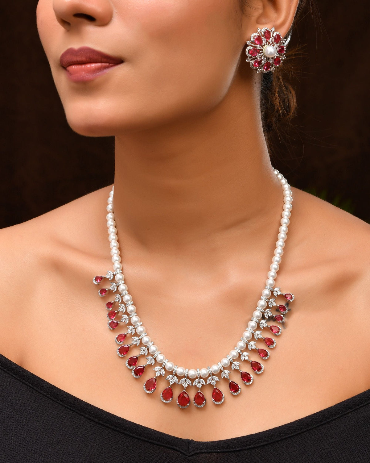 VOJ Silver Plated CZ And Pearl Studded Handcrafted Necklace With Earrings Set | Grocsy