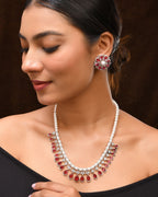 VOJ Silver Plated CZ And Pearl Studded Handcrafted Necklace With Earrings Set | Grocsy