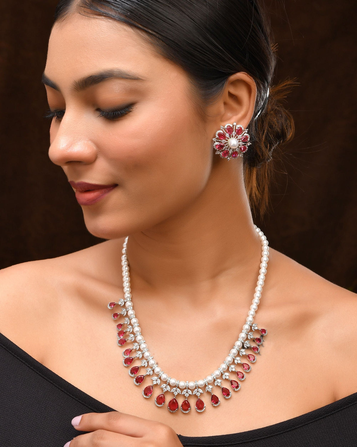VOJ Silver Plated CZ And Pearl Studded Handcrafted Necklace With Earrings Set | Grocsy