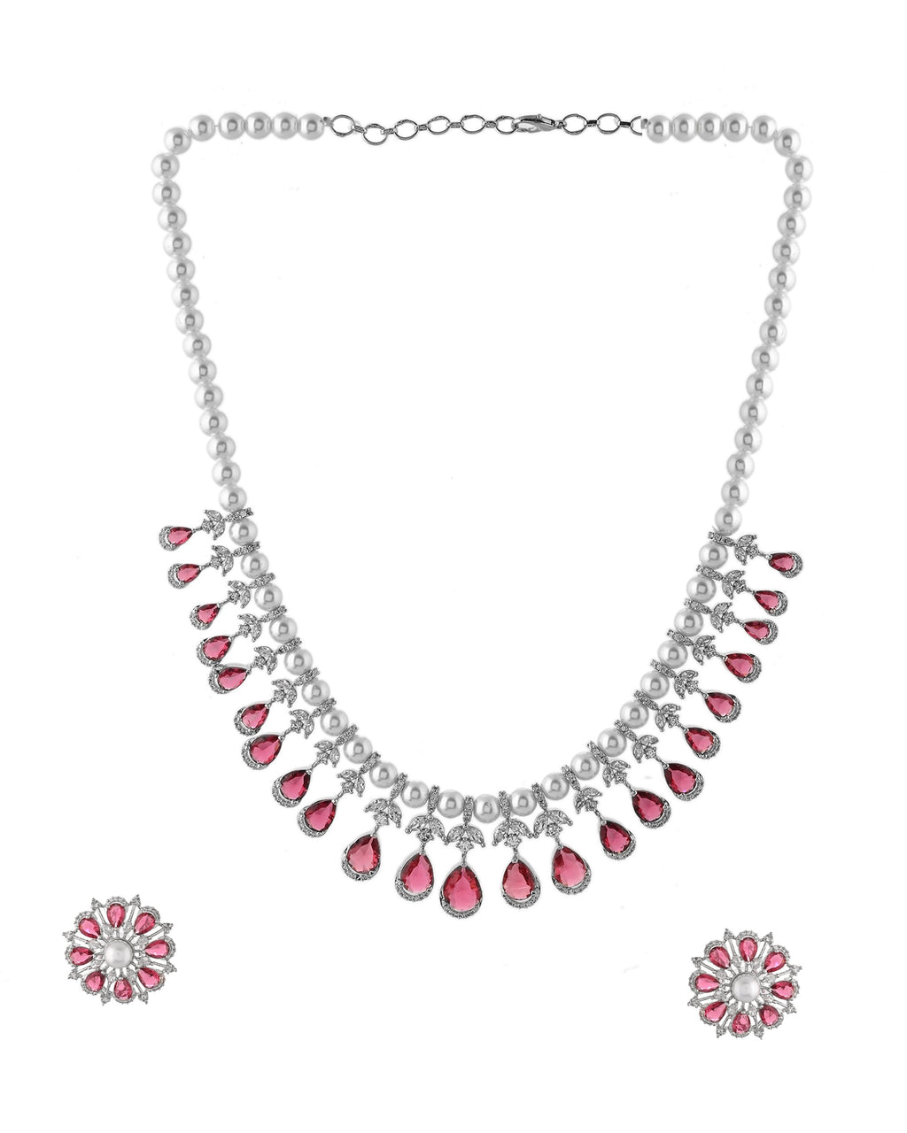 VOJ Silver Plated CZ And Pearl Studded Handcrafted Necklace With Earrings Set | Grocsy