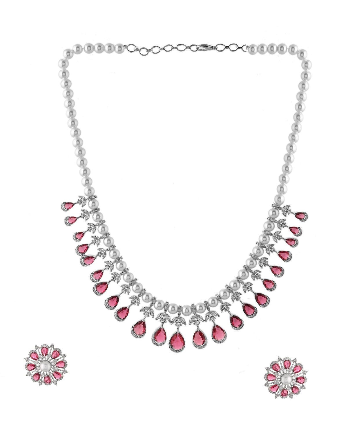 VOJ Silver Plated CZ And Pearl Studded Handcrafted Necklace With Earrings Set | Grocsy