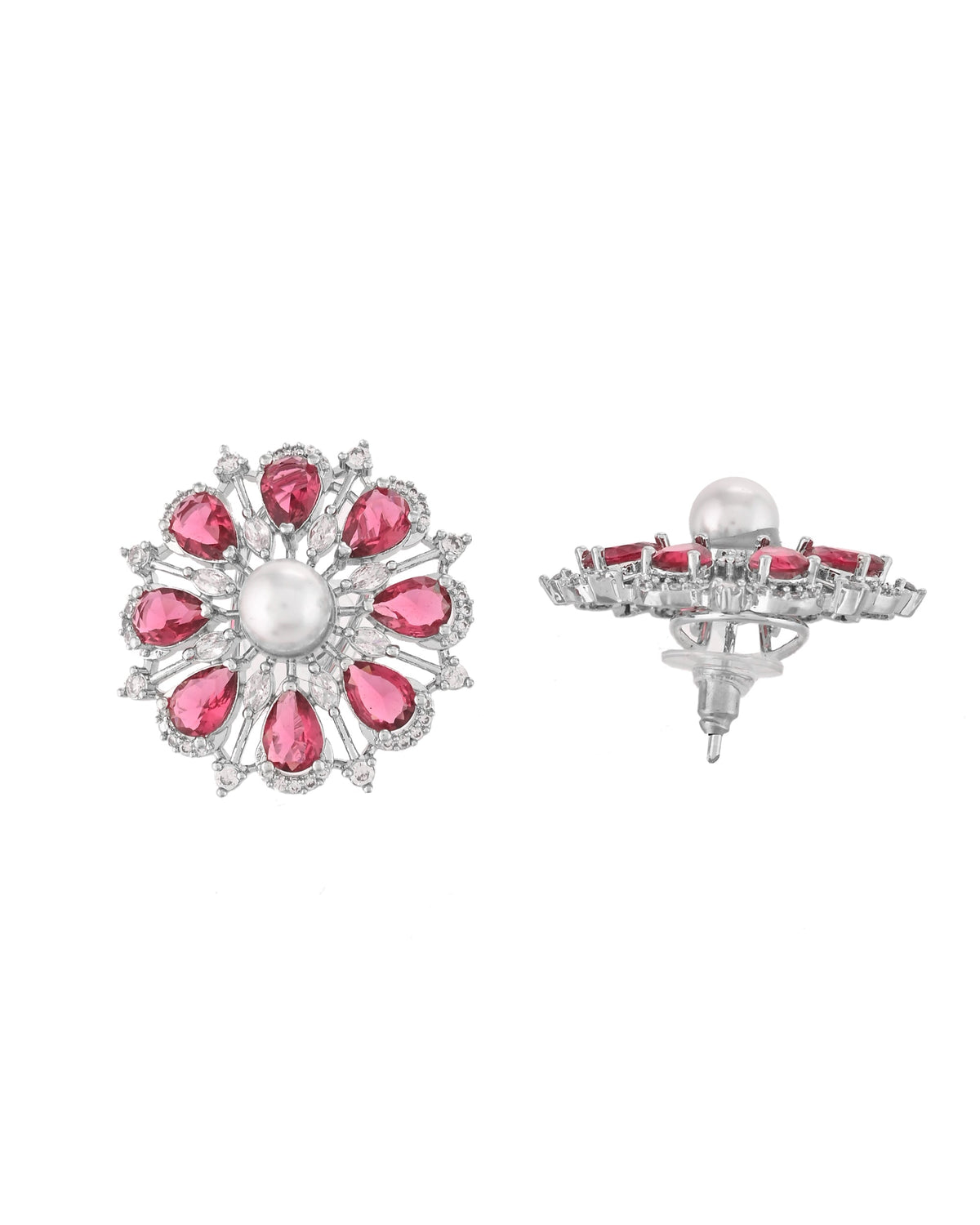 VOJ Silver Plated CZ And Pearl Studded Handcrafted Necklace With Earrings Set | Grocsy