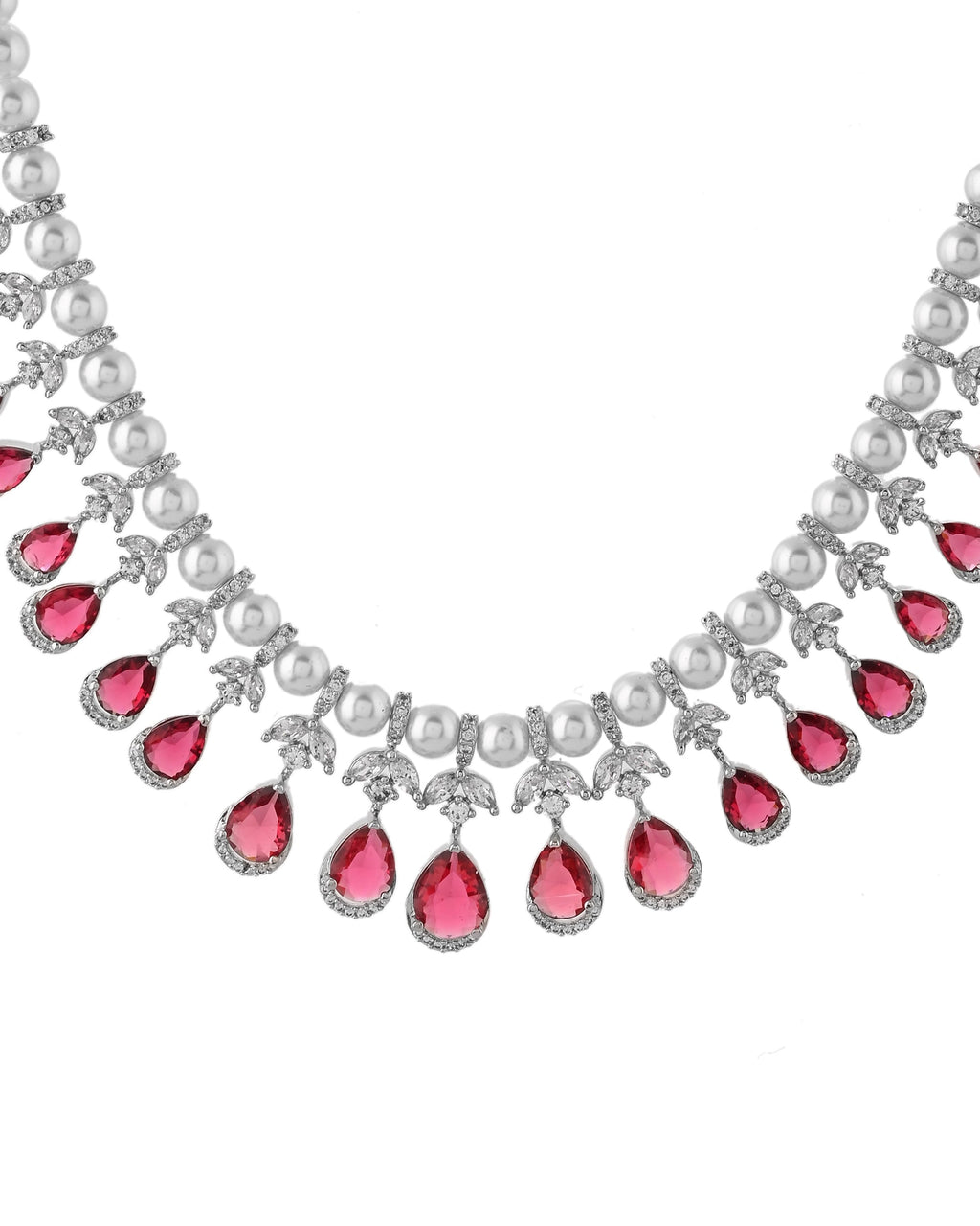VOJ Silver Plated CZ And Pearl Studded Handcrafted Necklace With Earrings Set | Grocsy