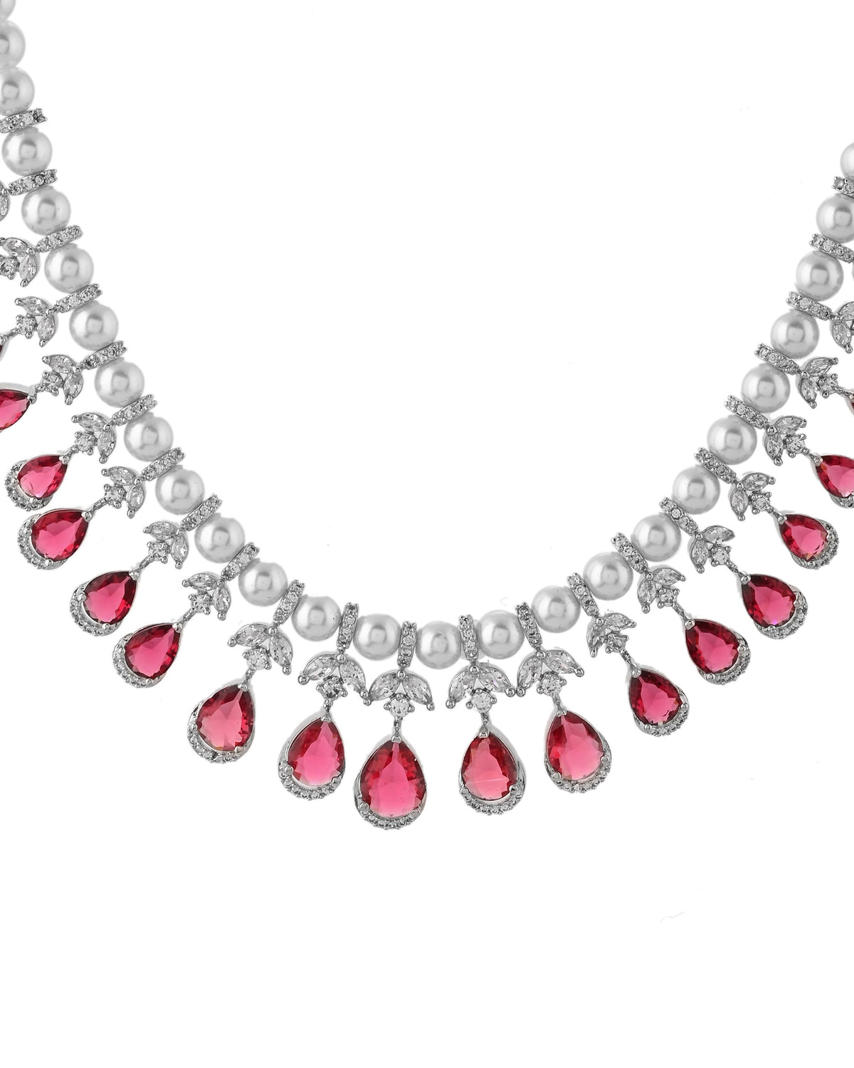 VOJ Silver Plated CZ And Pearl Studded Handcrafted Necklace With Earrings Set | Grocsy