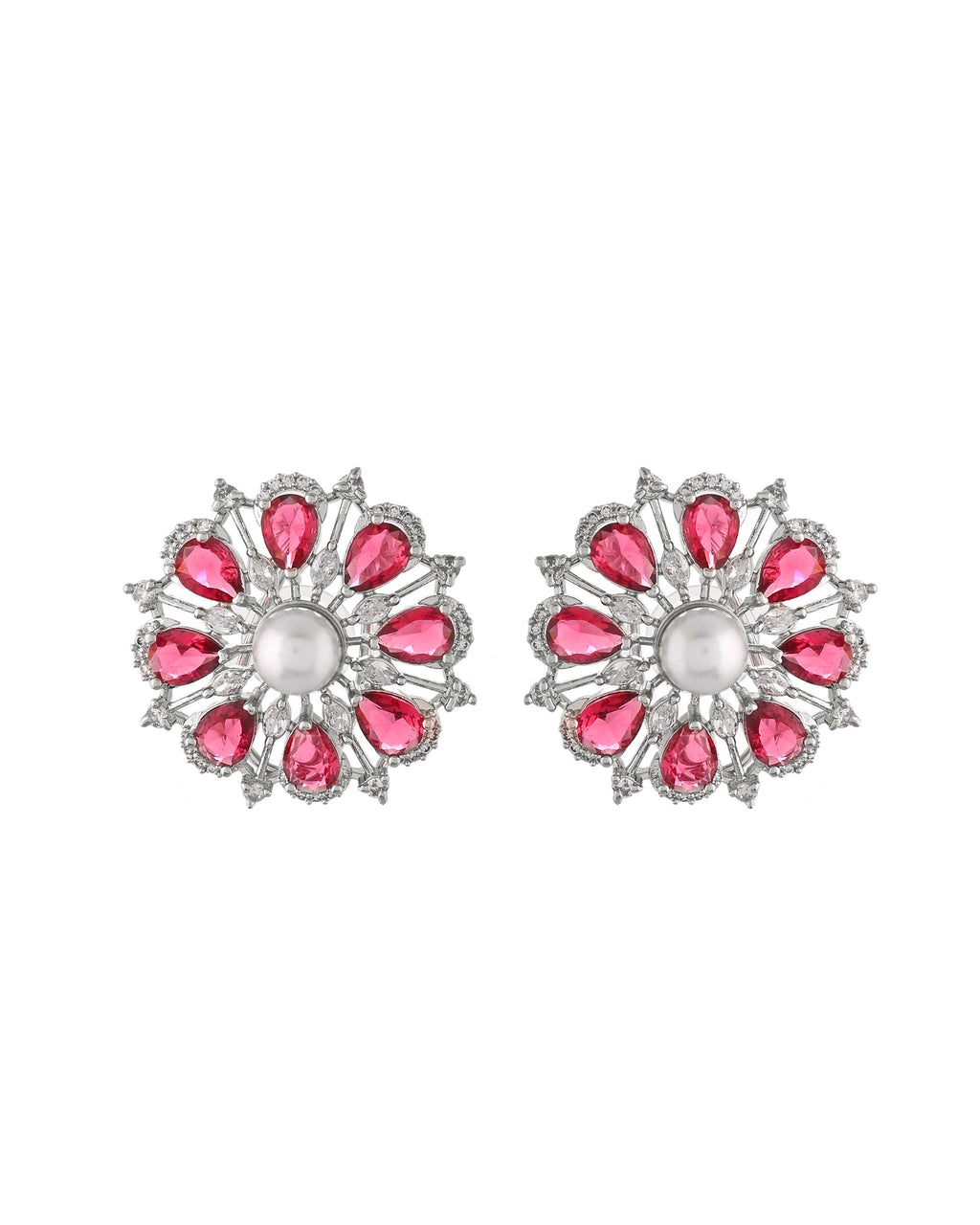 VOJ Silver Plated CZ And Pearl Studded Handcrafted Necklace With Earrings Set | Grocsy