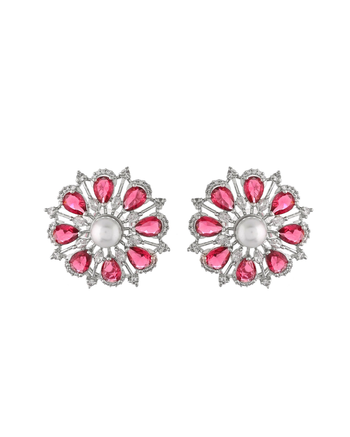 VOJ Silver Plated CZ And Pearl Studded Handcrafted Necklace With Earrings Set | Grocsy