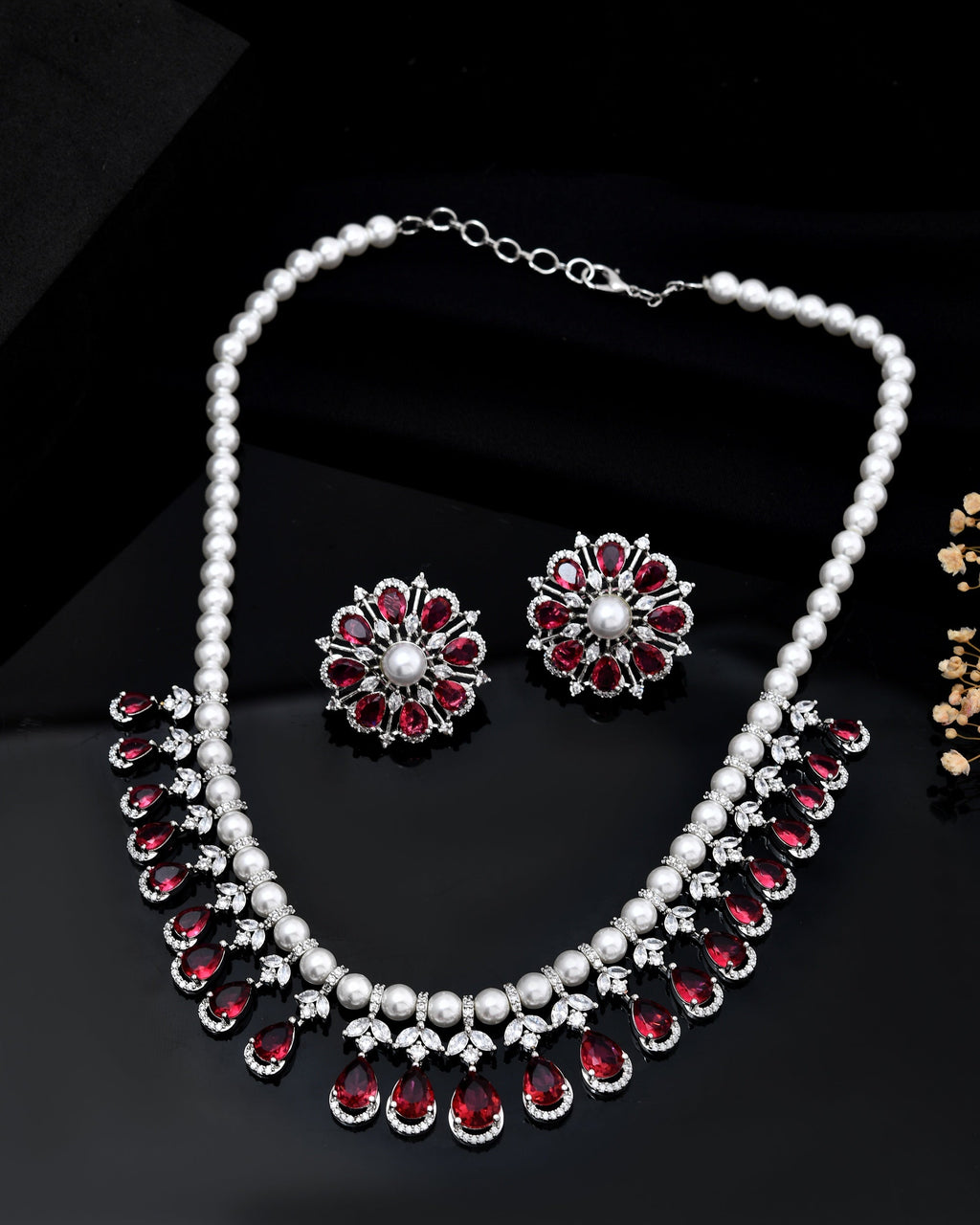 VOJ Silver Plated CZ And Pearl Studded Handcrafted Necklace With Earrings Set | Grocsy