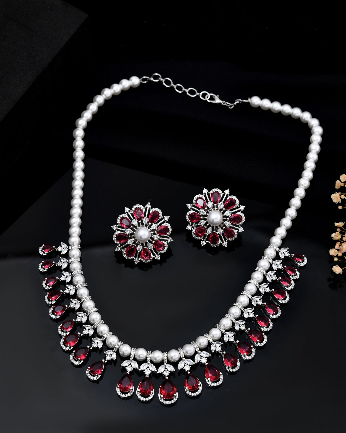 VOJ Silver Plated CZ And Pearl Studded Handcrafted Necklace With Earrings Set | Grocsy