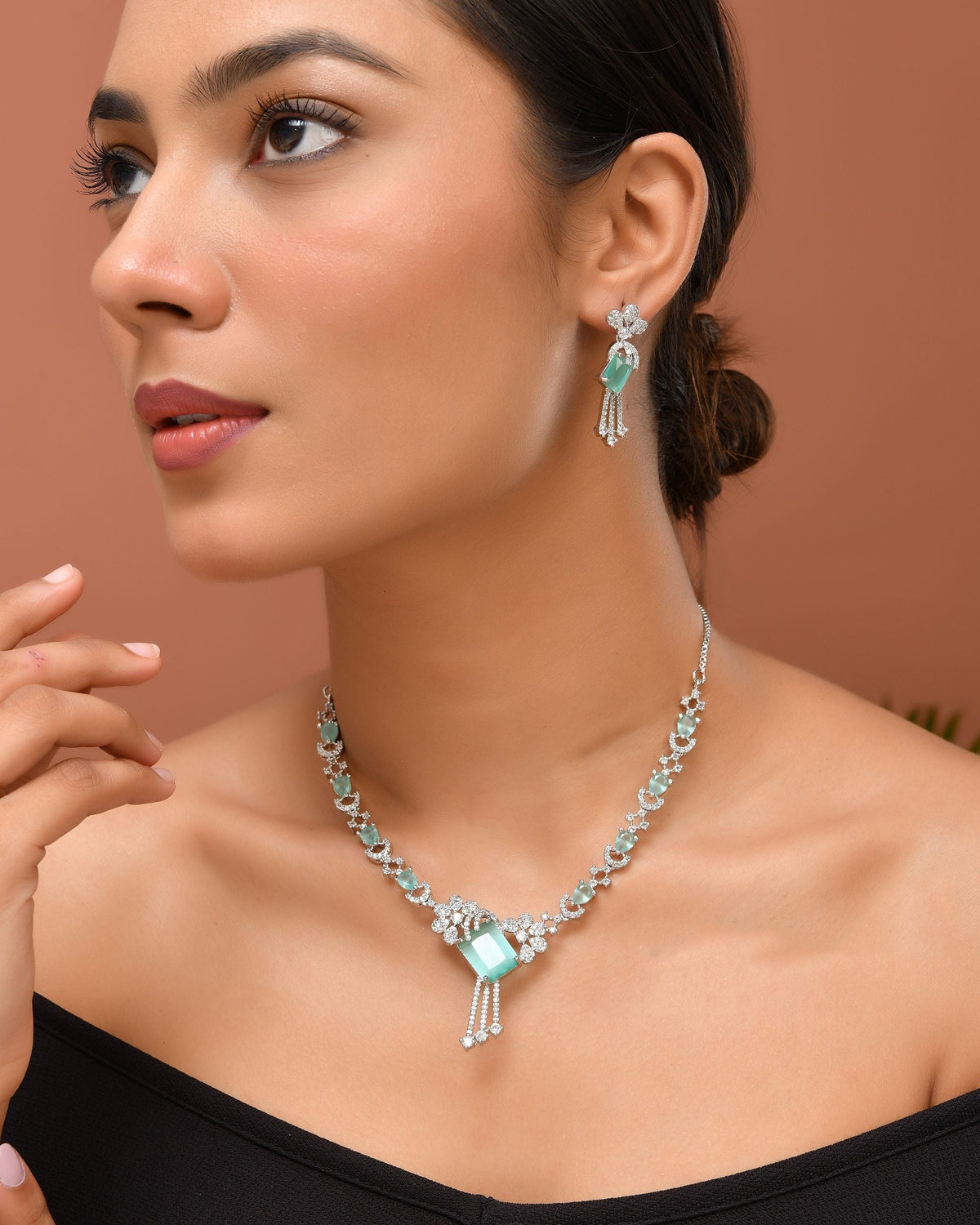 VOJ Silver Plated CZ Stone Studded Designer Necklace With Earrings Set | Grocsy