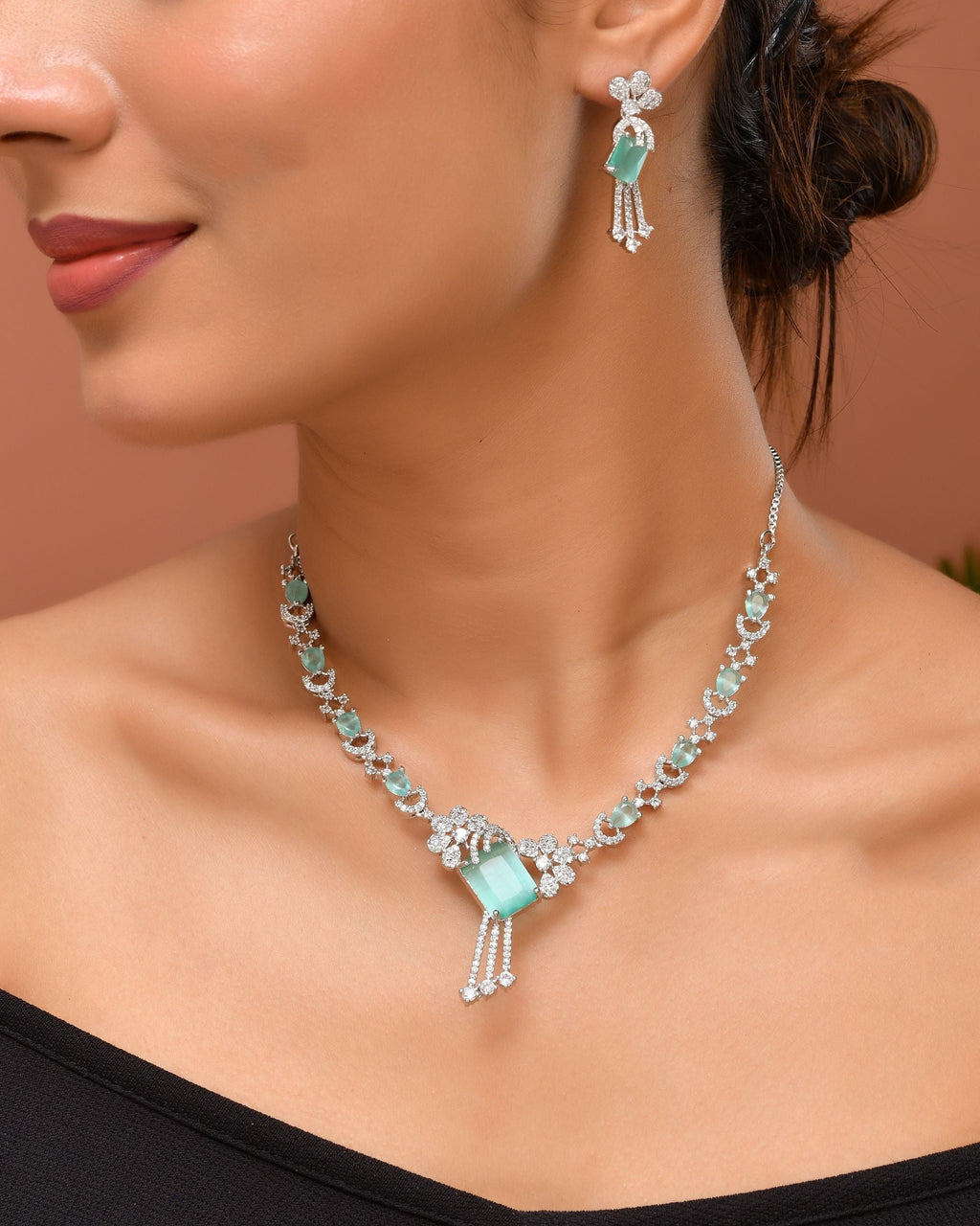 VOJ Silver Plated CZ Stone Studded Designer Necklace With Earrings Set | Grocsy