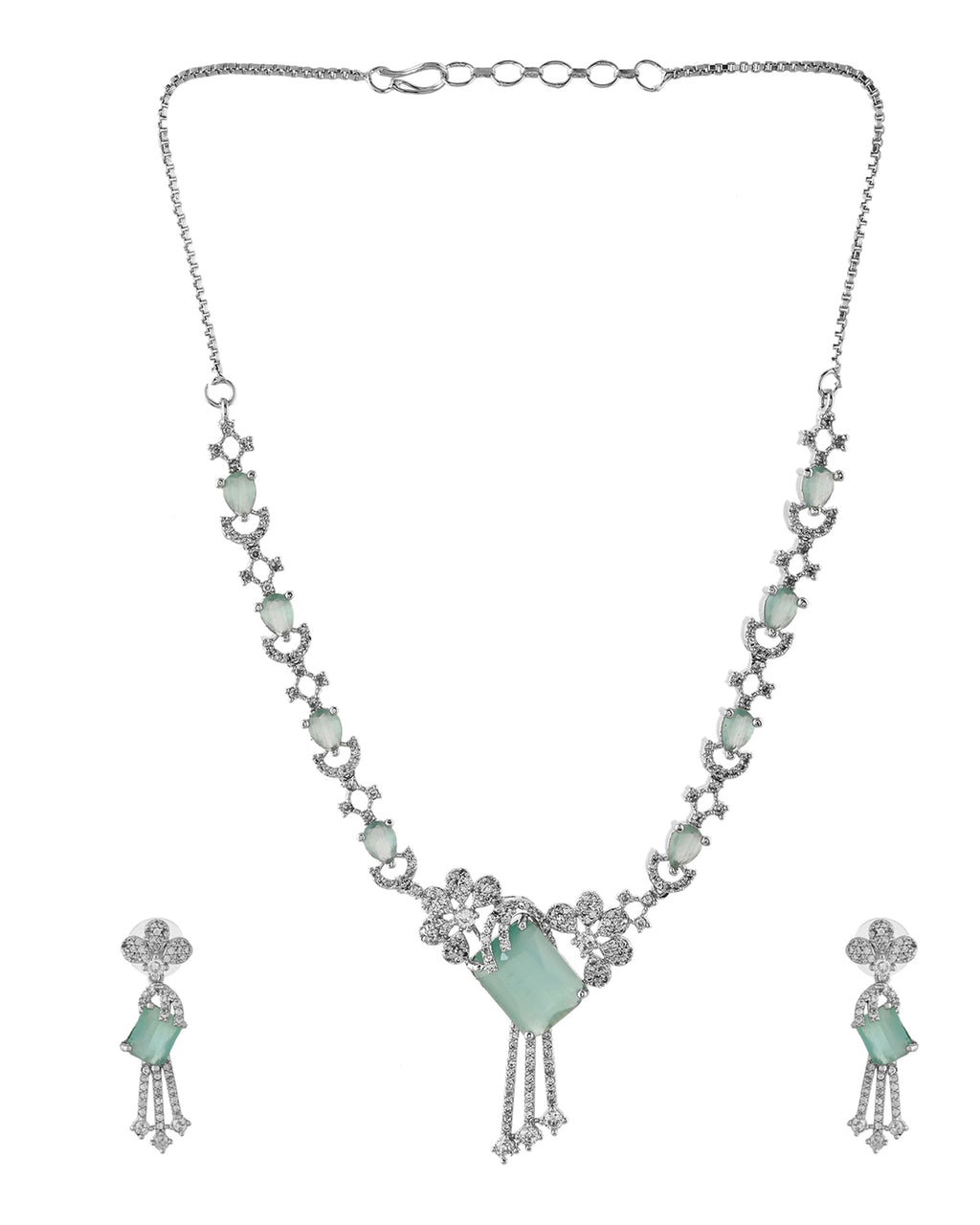 VOJ Silver Plated CZ Stone Studded Designer Necklace With Earrings Set | Grocsy