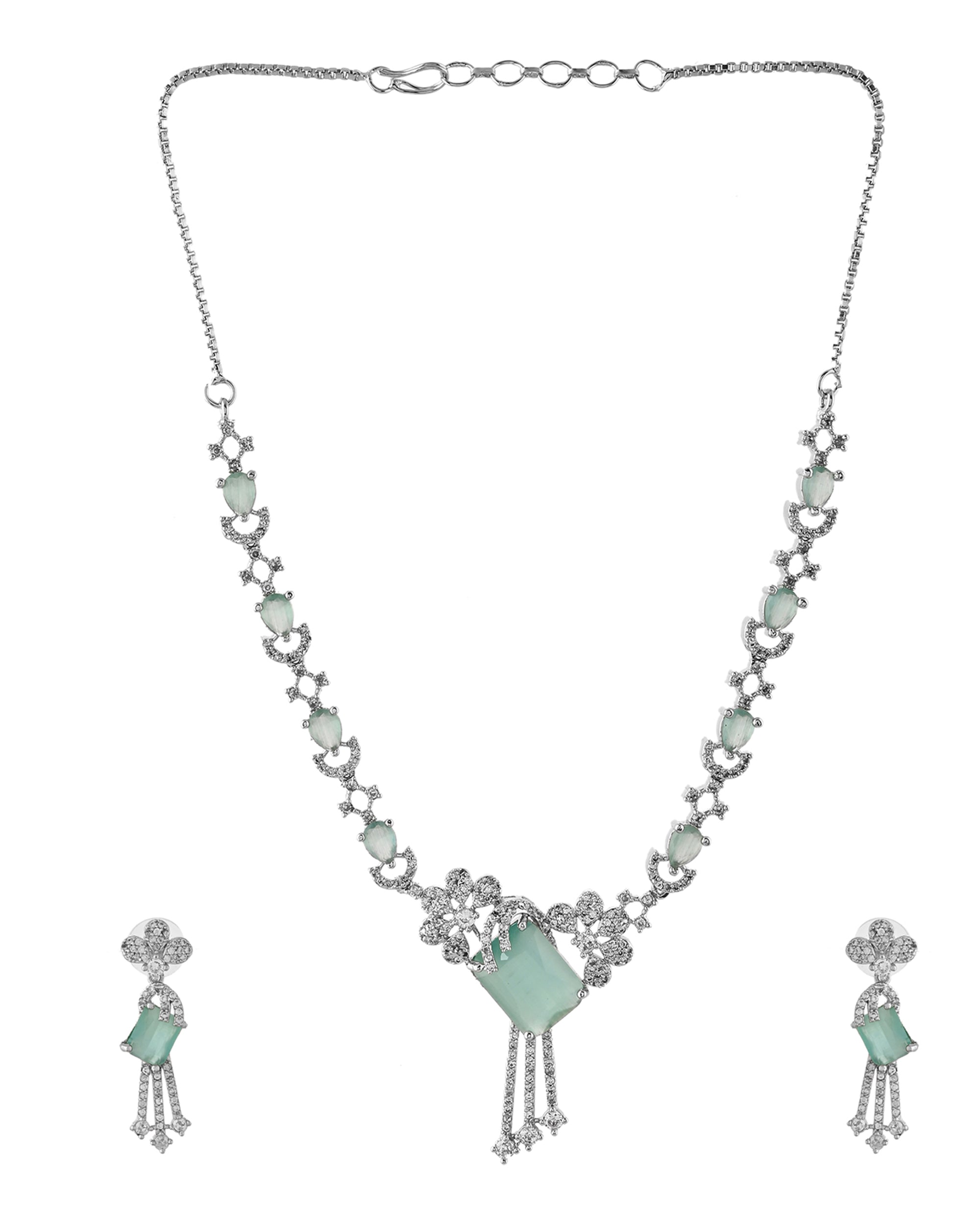 VOJ Silver Plated CZ Stone Studded Designer Necklace With Earrings Set | Grocsy