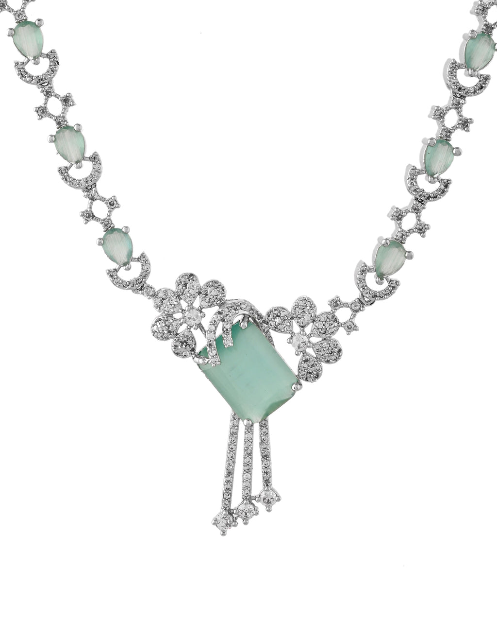 VOJ Silver Plated CZ Stone Studded Designer Necklace With Earrings Set | Grocsy