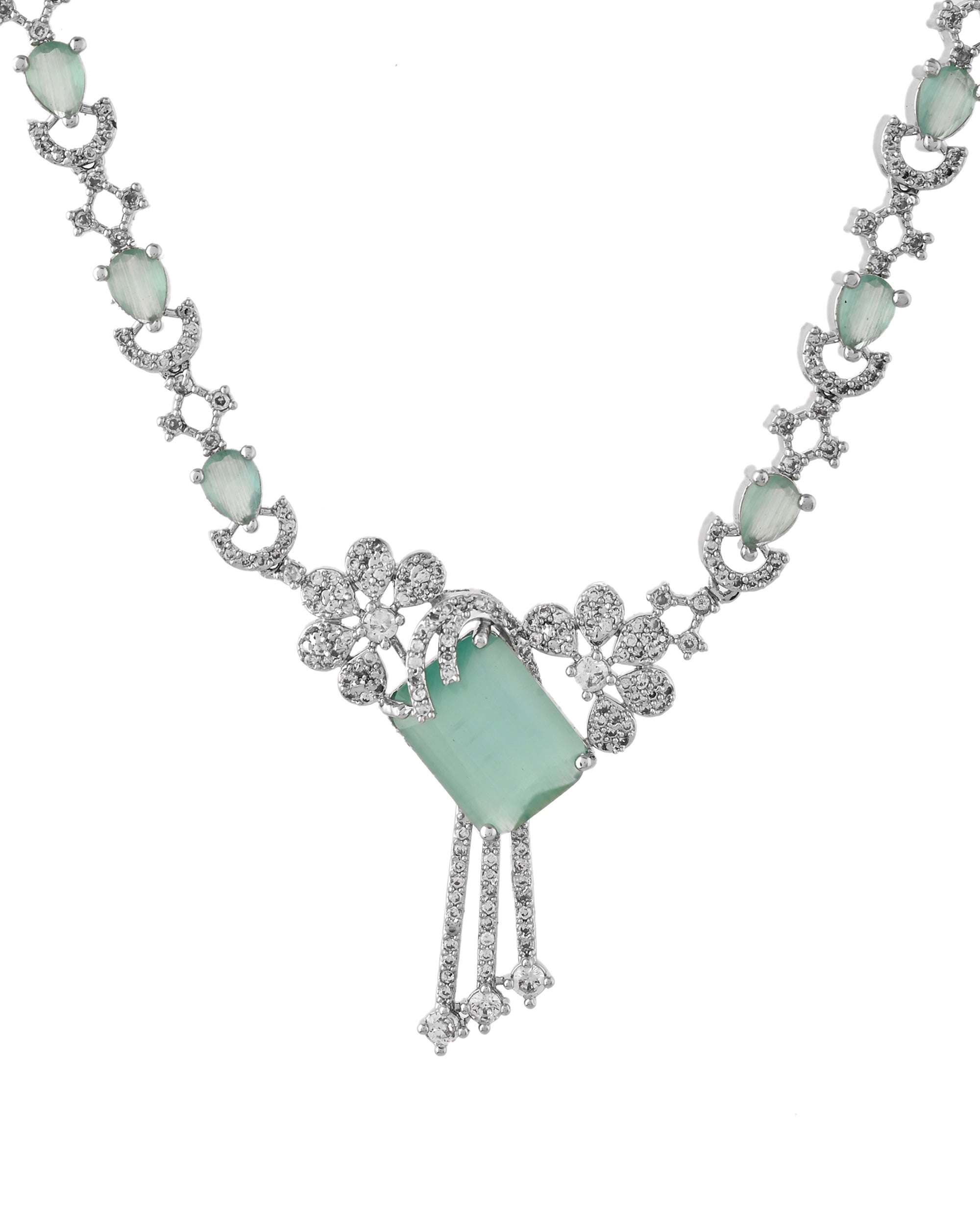 VOJ Silver Plated CZ Stone Studded Designer Necklace With Earrings Set | Grocsy