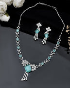 VOJ Silver Plated CZ Stone Studded Designer Necklace With Earrings Set | Grocsy