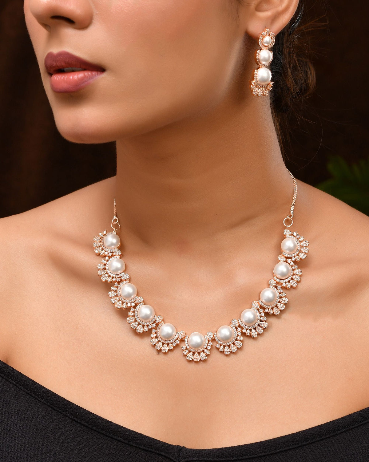 VOJ Rose-Gold Polished AD And Pearl Studded Jewellery Set | Grocsy