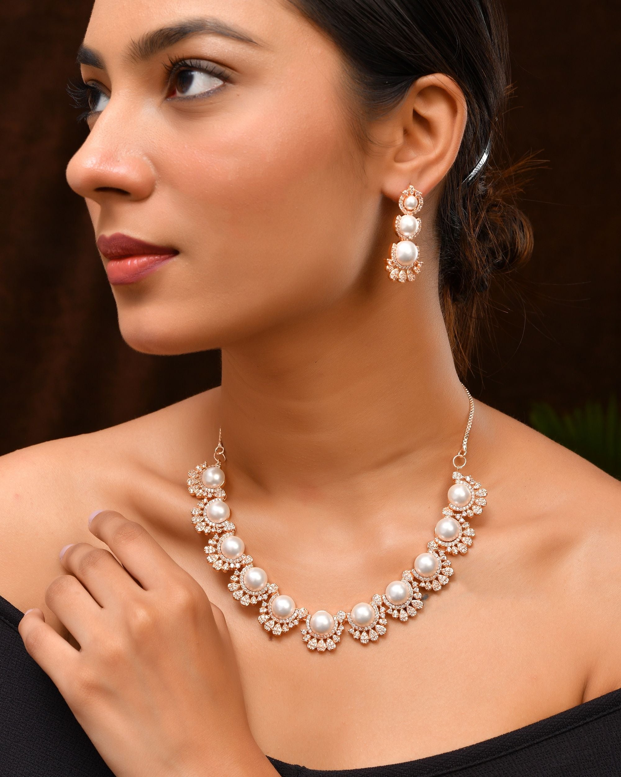 VOJ Rose-Gold Polished AD And Pearl Studded Jewellery Set | Grocsy