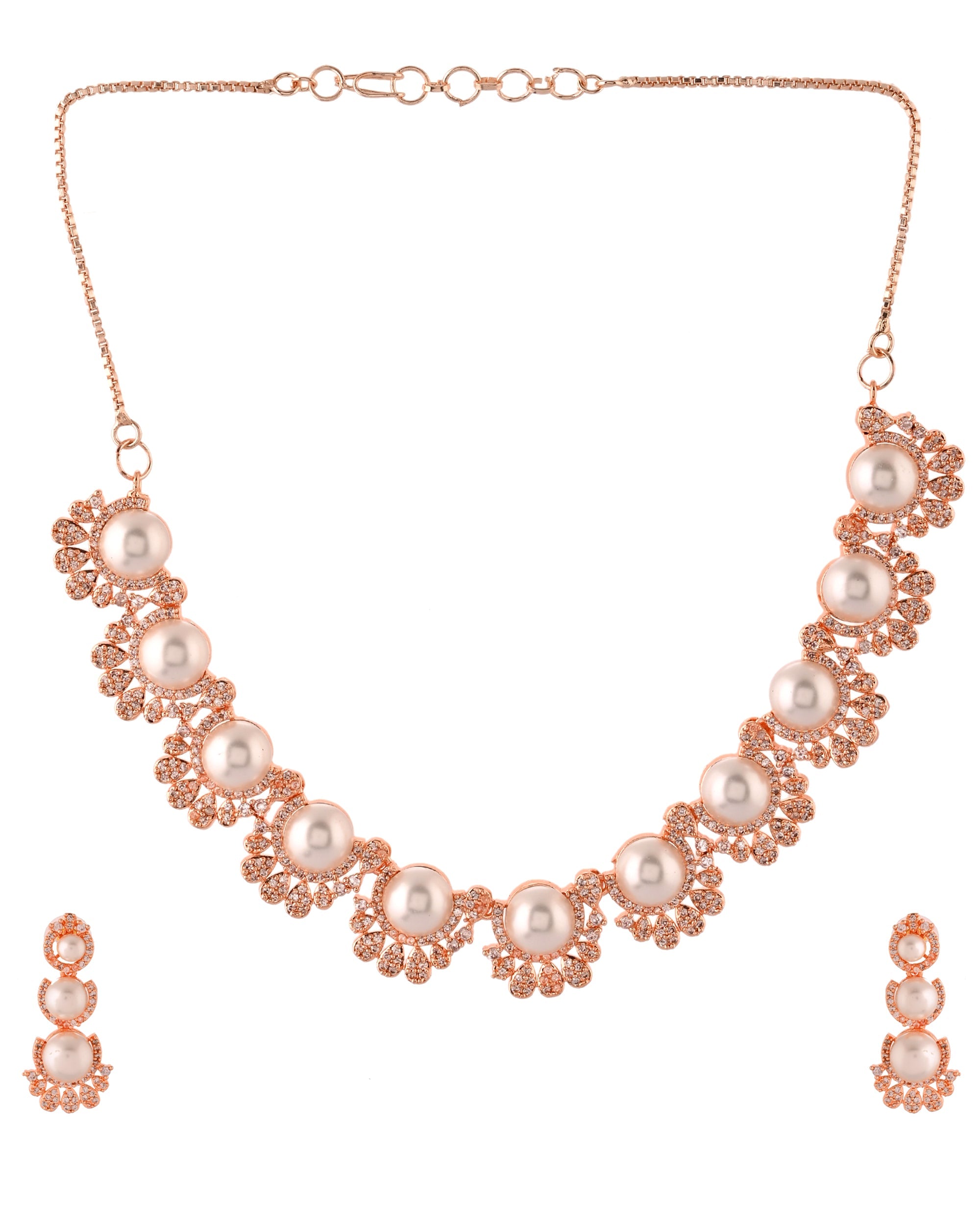 VOJ Rose-Gold Polished AD And Pearl Studded Jewellery Set | Grocsy