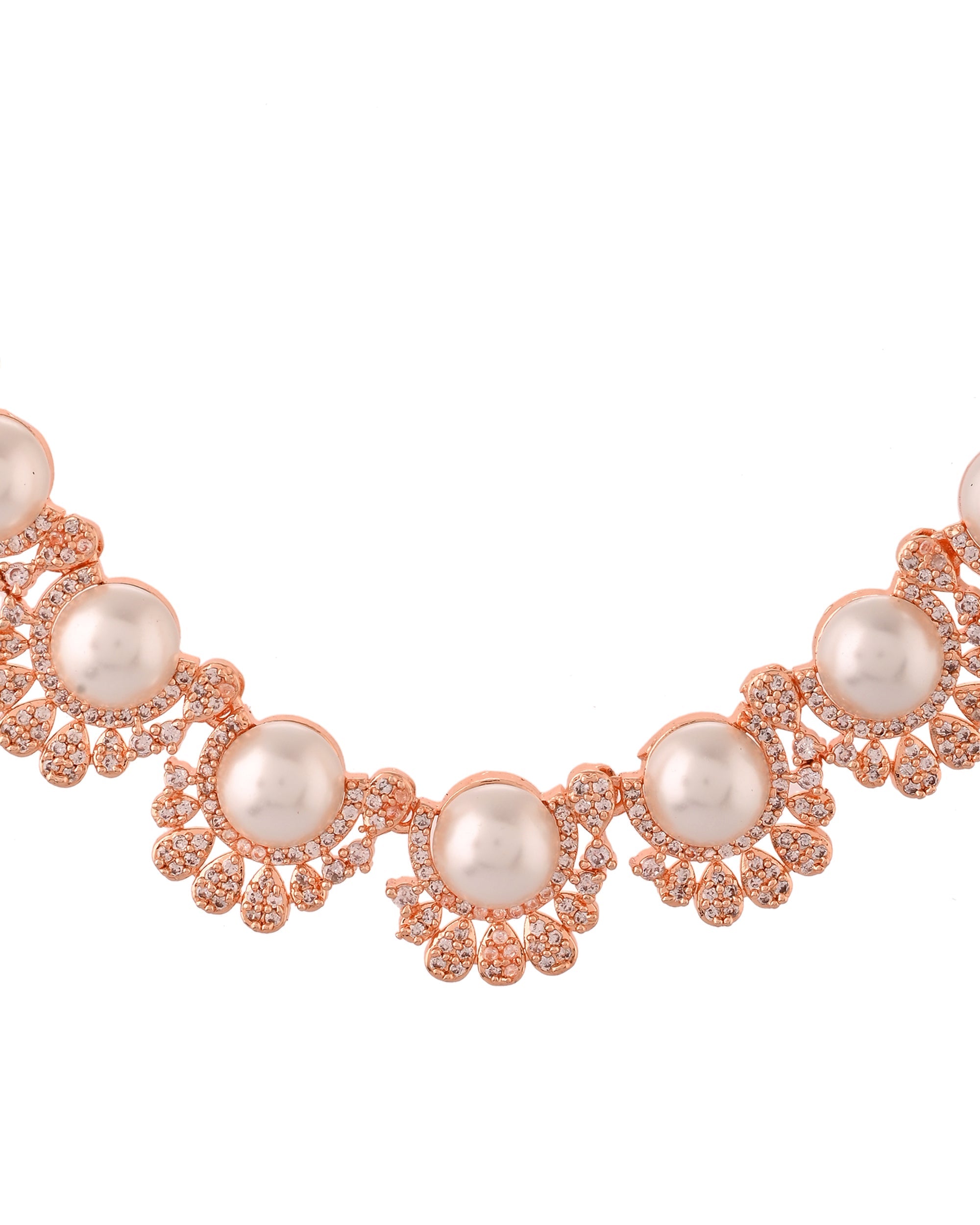 VOJ Rose-Gold Polished AD And Pearl Studded Jewellery Set | Grocsy