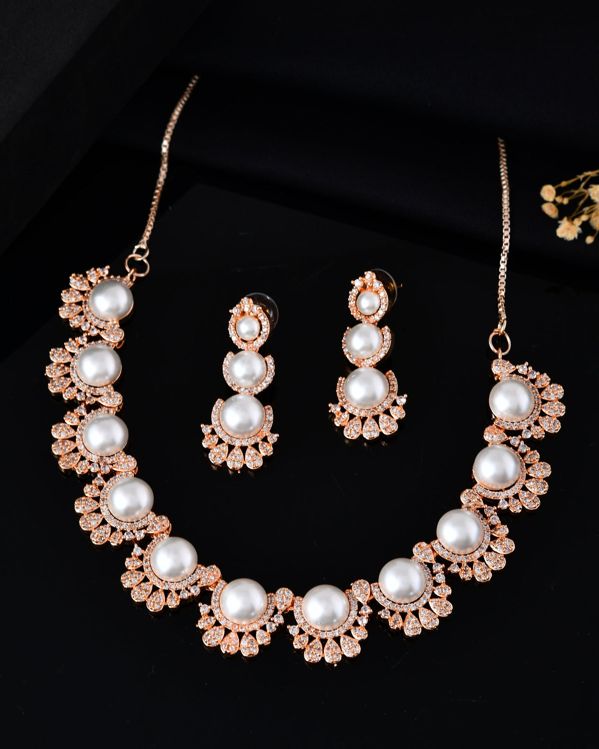 VOJ Rose-Gold Polished AD And Pearl Studded Jewellery Set | Grocsy