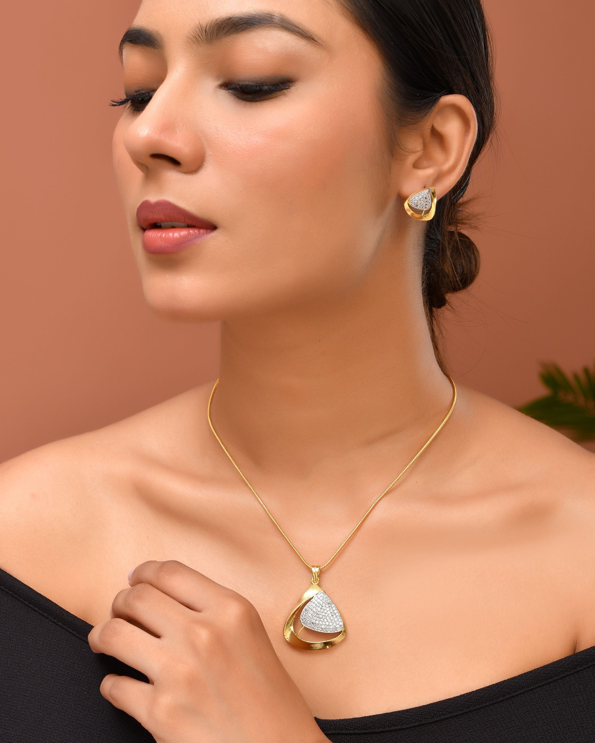 VOJ Gold Polished CZ Stone Studded Geometrical Jewellery Set | Grocsy