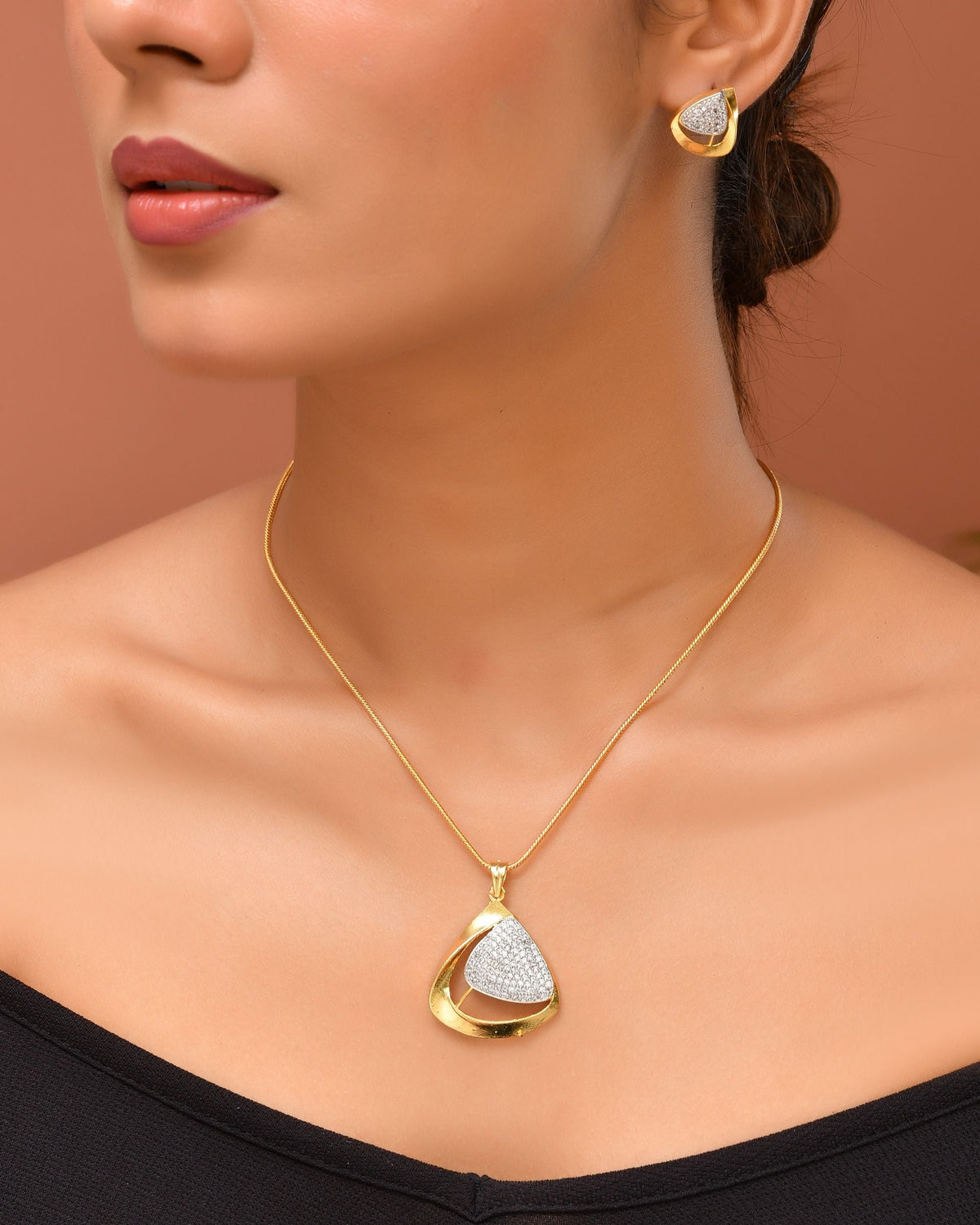 VOJ Gold Polished CZ Stone Studded Geometrical Jewellery Set | Grocsy