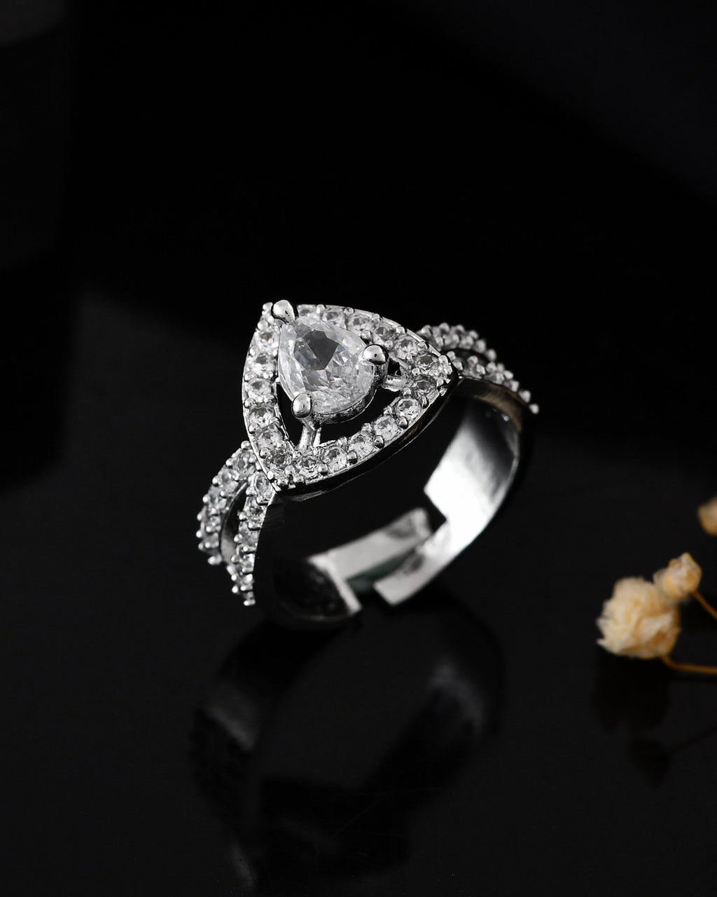 VOJ Silver-Plated AD-Stone-Studded Adjustable Finger Ring | Grocsy